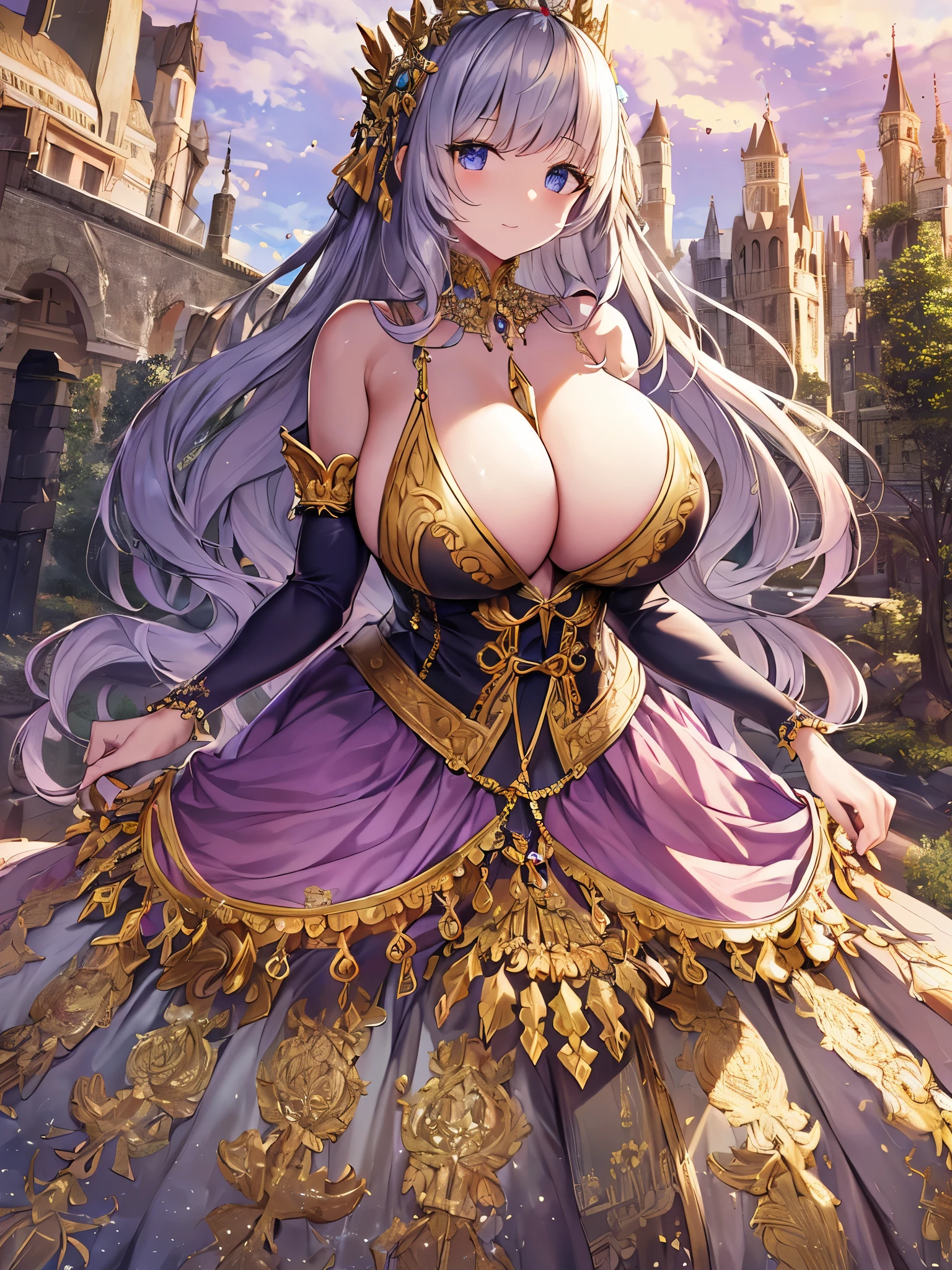 anime artstyle,Masterpiece,Best Quality,Super Detail,((Very Delicate and Beautiful)),(((1 plump princess in beautiful embroidery and jeweled gorgeous rococo ballgown with voluminous hoop skirt))),crinoline skirt,((Solo)),((stand in front of the kingdom's castle,outdoor,sky)),((full body)),(((very gigantic breasts,very gigantic breasts,sagging breasts,skindentation))),cleavage,detailed face and eyes,jewel-like eyes,((extremely voluminous straight Hair,Extremely Long Straight Hair)),((gorgeousfull embroidery and lace,beautiful embroidery and jeweled)),Gorgeous Gemstone Jewelry,gorgeous corsage,((gorgeous hair ornament,glitter jeweled gorgeous big tiara)),((full body)),((beautiful embroidery and jeweled gorgeous rococo ballgown with voluminous hoop skirt)),crinoline skirt,(crinoline),((stand in front of the kingdom's castle,outdoor,sky)),Looking at viewer,dynamic angle,(((beautiful embroidery and jeweled gorgeous rococo ballgown with voluminous hoop skirt))),crinoline skirt,full body,