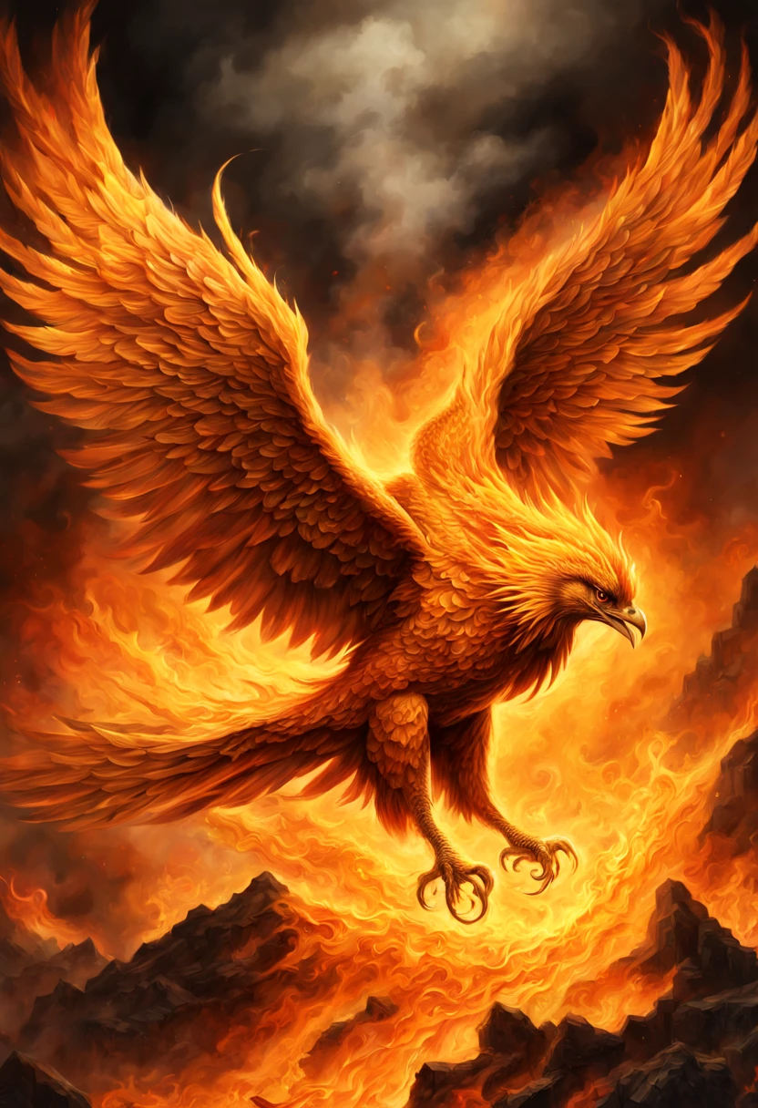 A Phoenix rising from the ashes, fire and smoke, golden radiance, fantasy artwork, sinister gloom, detailed, intricate, hyperrealistic