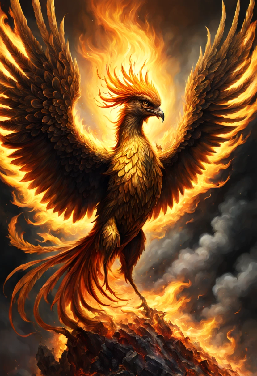 A Phoenix rising from the ashes, fire and smoke, golden radiance, fantasy artwork, sinister gloom, detailed, intricate, hyperrealistic