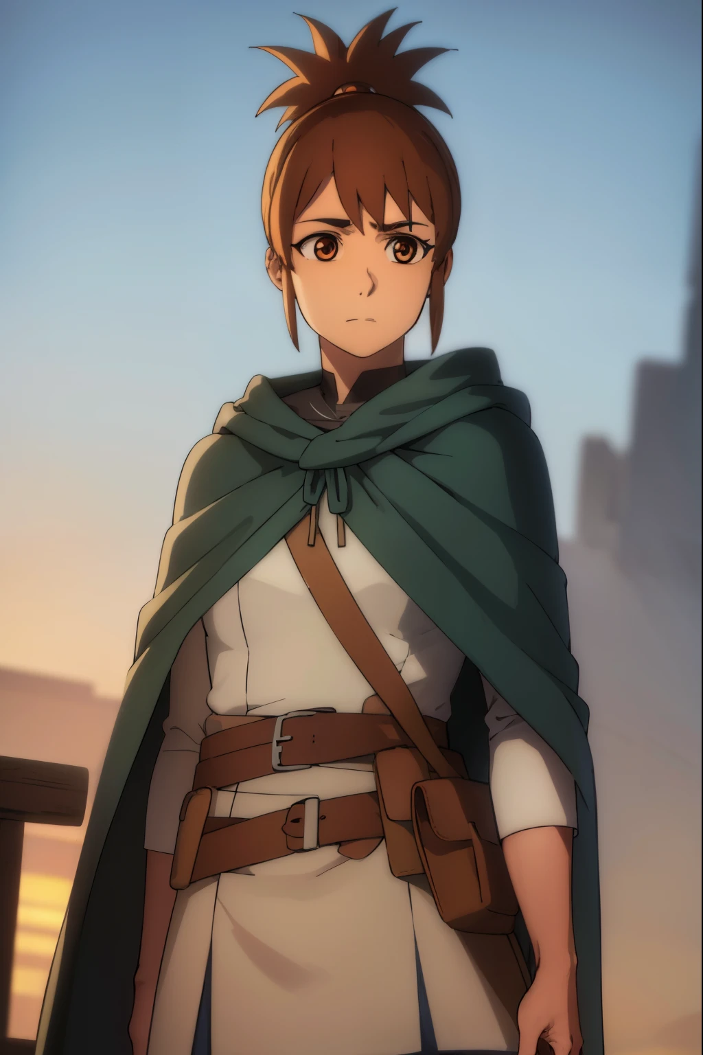 dotamarci, marci, bangs, brown hair, (brown eyes:1.5), ponytail, short ponytail,
BREAK belt, cape, armor, cloak, pouch, brown belt, belt pouch,
BREAK looking at viewer,
BREAK outdoors,
BREAK (masterpiece:1.2), best quality, high resolution, unity 8k wallpaper, (illustration:0.8), (beautiful detailed eyes:1.6), extremely detailed face, perfect lighting, extremely detailed CG, (perfect hands, perfect anatomy),