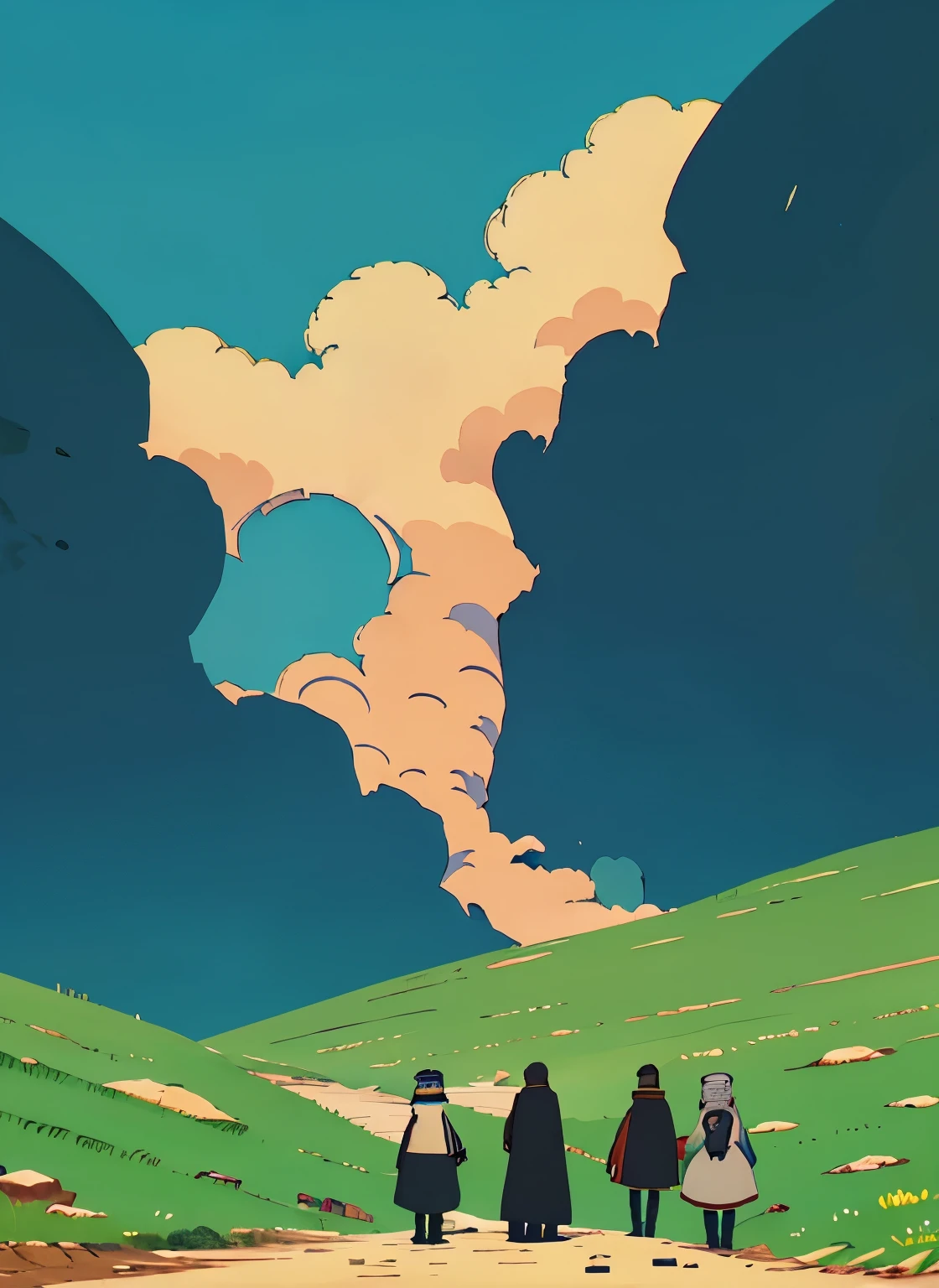a picture of a video game anime intro with a large scale shot of a world below with clouds showing how far down and how much there is in store, front cover of a new video game, break of dawn, Isekai online adventure, Medieval mixed Japanese influence with a European tone anime