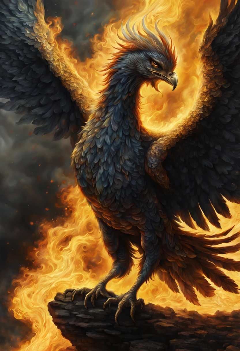 A Phoenix rising from the ashes, fire and smoke, golden radiance, fantasy artwork, sinister gloom, detailed, intricate, hyperrealistic