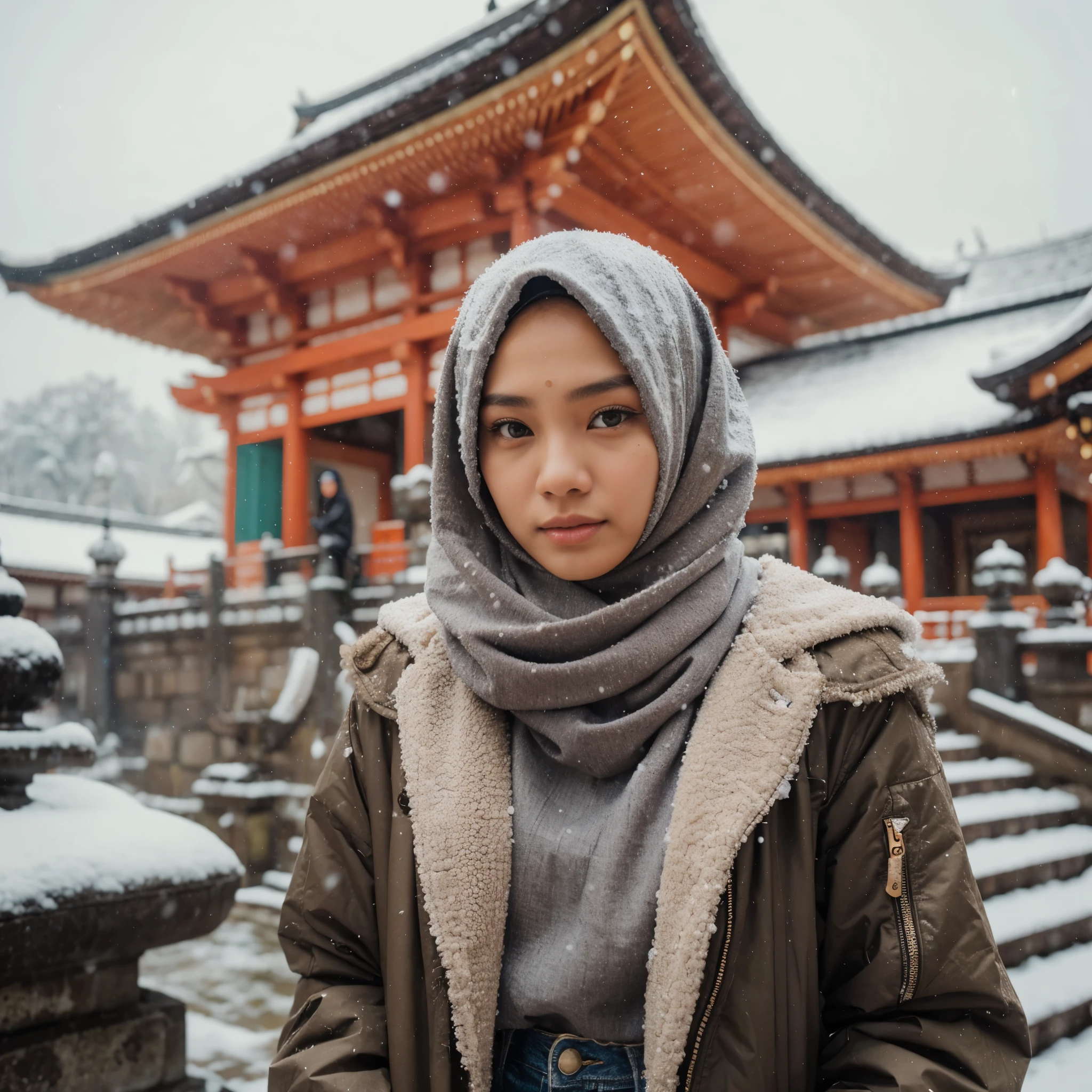 a Javanese Indonesian woman (, oval and clean face, hijab, thin body, Indonesian-style skin, wearing a thick winter jacket, jeans) standing looking like a model in front of the Kiyomizu-dera Temple, photo slightly tilted to the side, face visible, snowy scene, low lighting, ultra HD, original photo, highly detailed, ultra sharp, 18mm lens, realistic, photography, leica camera