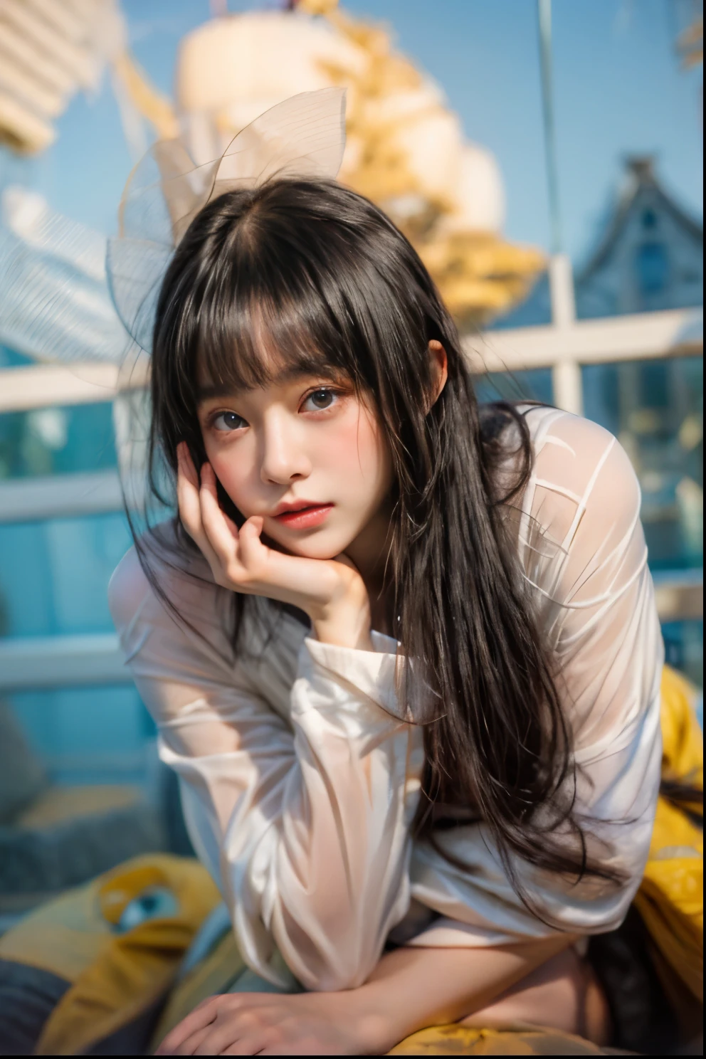 masterpiece、highest quality、cinema、(Detailed both eyes)、(cute japanese woman、bangs:1.3)、23 years old、2 girls、elegant、black hair、(auraroid photo:1.2)、
