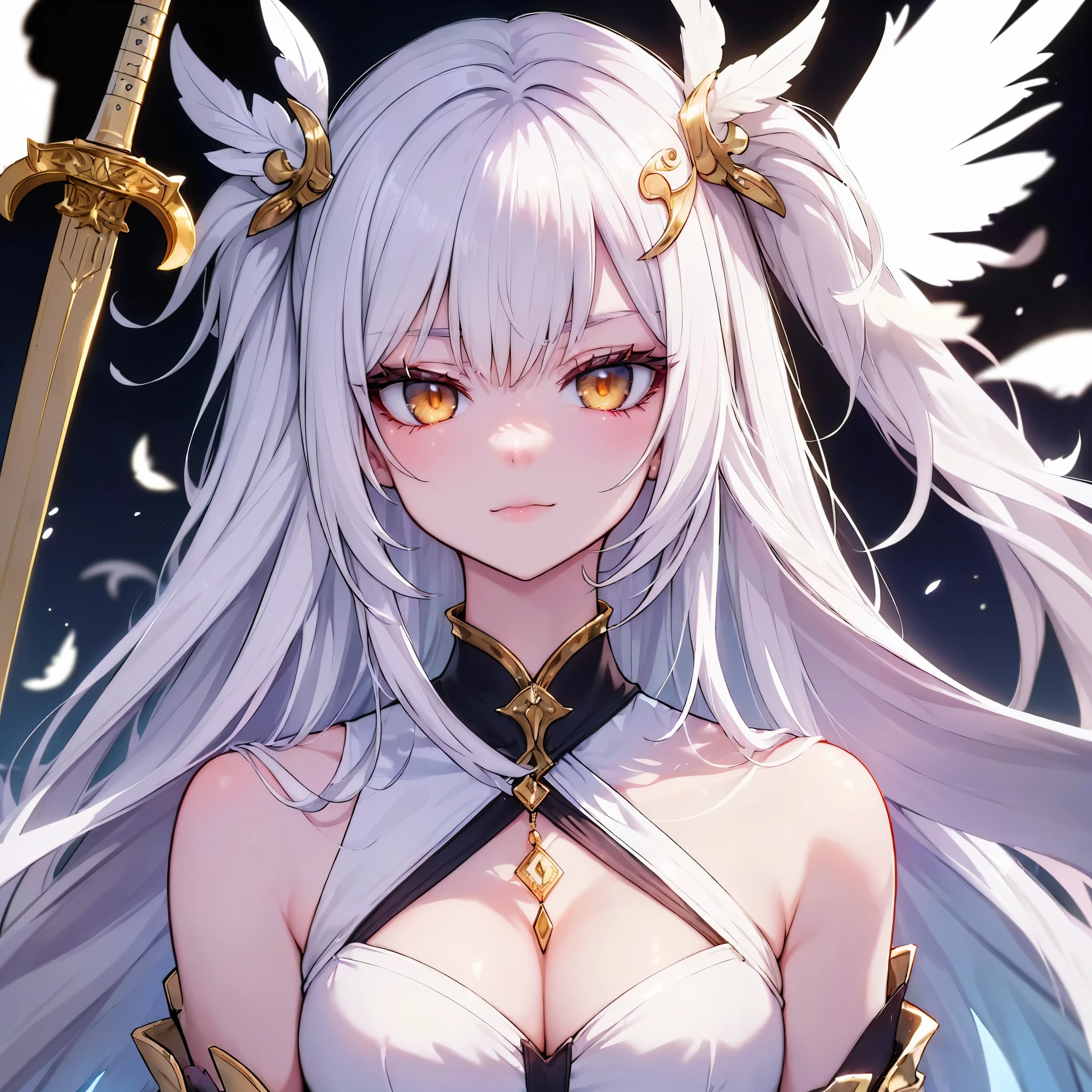 (extremely detailed 8K wallpaper),(ultra-detailed),(best quality),(masterpiece),(vertical painting),(highly detailed),(cinematic lighting),((Sword and magic world background))，(A beautiful girl with white hair and golden eyes)，White clothes，(Angel)，bright sunshine，wing，Feathers fall，(((A haughty expression))),anger