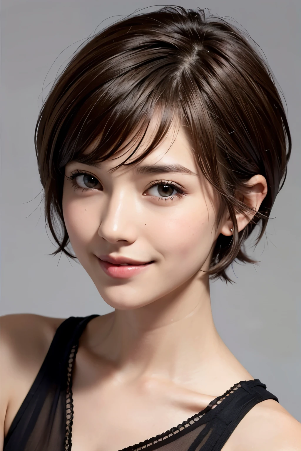 Pixie cut Very, very short hair Uneven hair tips Smile Brown hair Very short hair