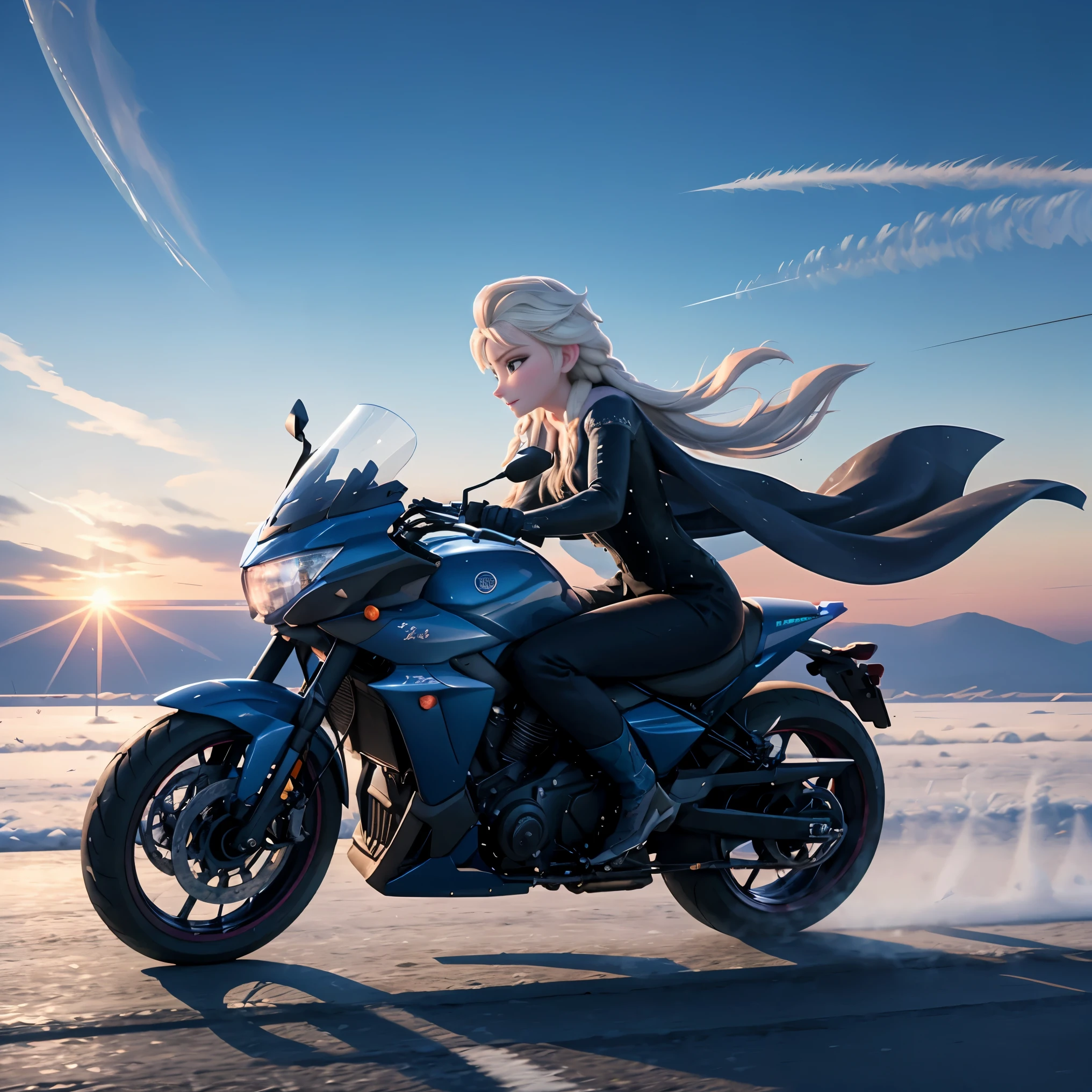 Elsa、beautiful, Elsa, frozen cityscape, high quality、Highway、riding a 赤色のbig motorbike、Driving with the front wheels floating at tremendous speeds、Exploding while cutting the wind