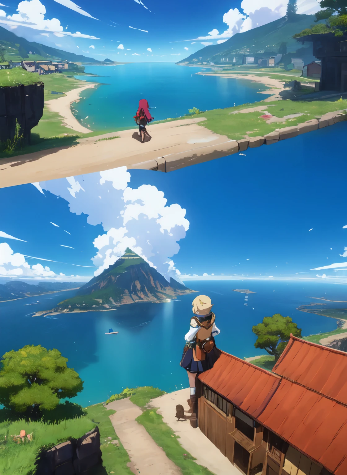 a picture of a video game anime intro with a large scale shot of a world below with clouds showing how far down and how much there is in store, front cover of a new video game, break of dawn, Isekai online adventure, Medieval mixed Japanese influence with a European tone anime