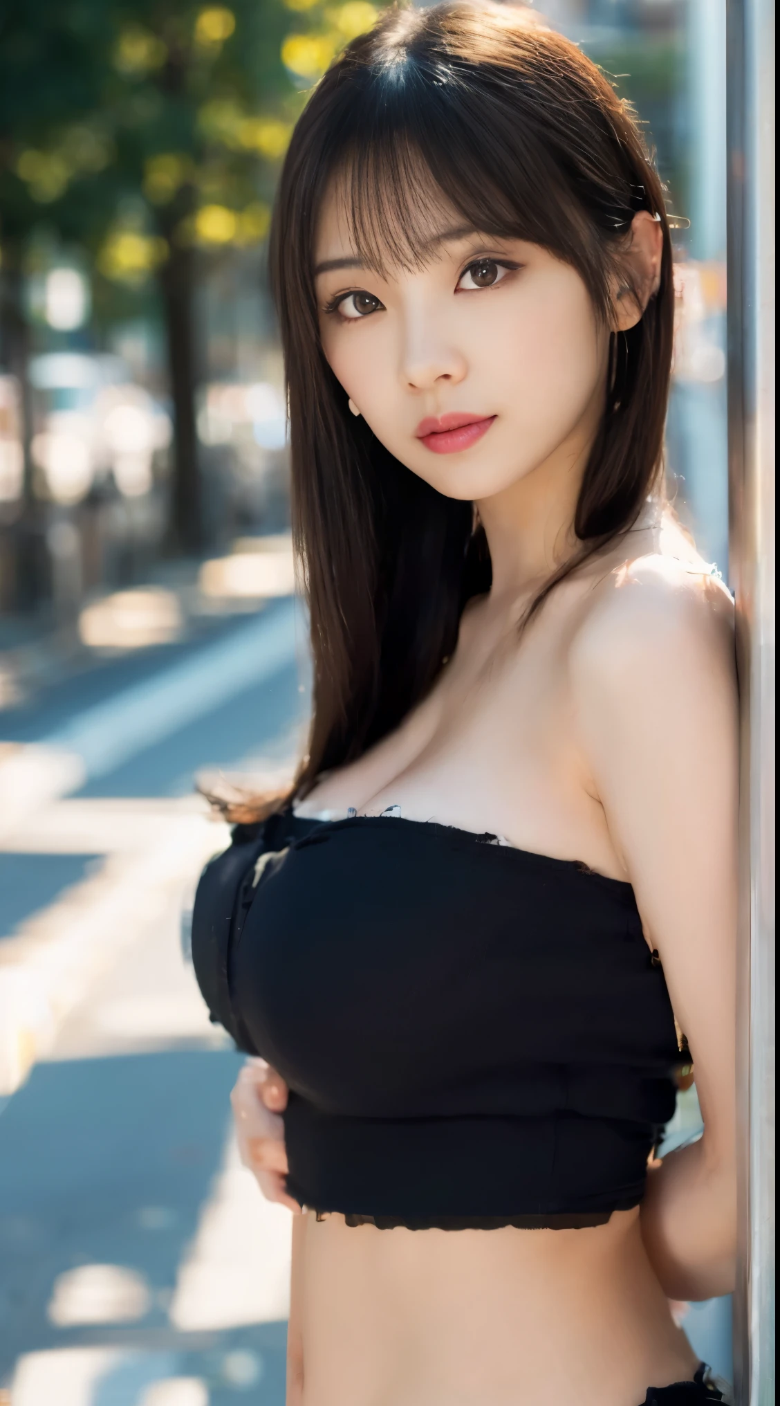 A woman posing seductively on a street corner, highest quality, High resolution, 8K, 女の子 1 people, outdoor, (street: 0.8), (people々, 大勢のpeopleが集まる: 1), Golgoedium&#39;hair), (dynamic pose: 0.8), (Upper body: 1.2), soft lighting, Wind, Glossy skin, sight,