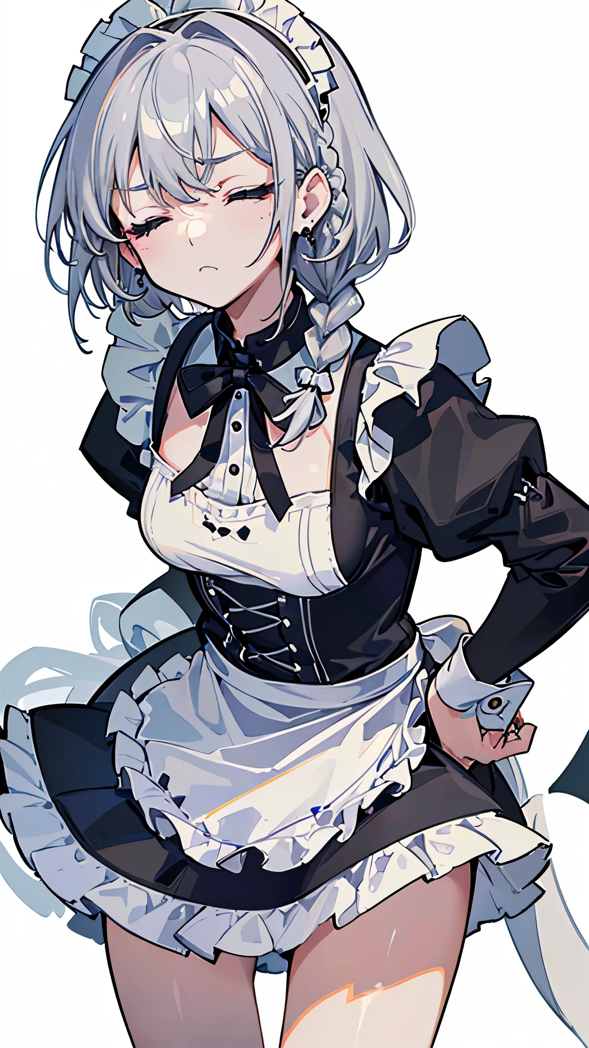 (8K、best image quality、highest quality、masterpiece)、detailed face、1 girl、gray hair、((Single Braid))、((closed eyes))、angry、earrings、small breasts、((maid))、short apron、miniskirt、leaning forward、Put your hands on your hips、Take from below、look down、cowboy shot、((White background))
