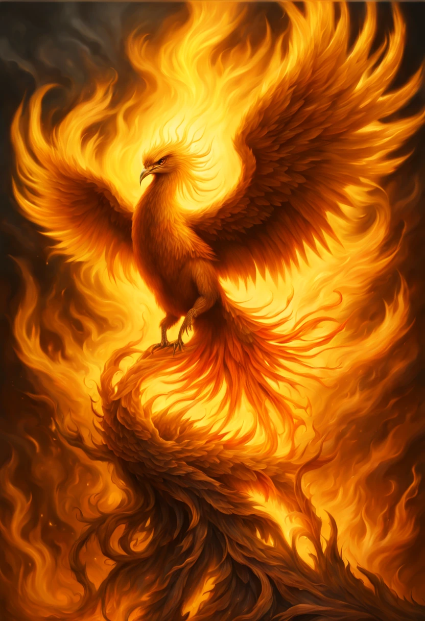 A Phoenix rising from the ashes, fire and smoke, golden radiance, fantasy artwork, sinister gloom, detailed, intricate, hyperrealistic