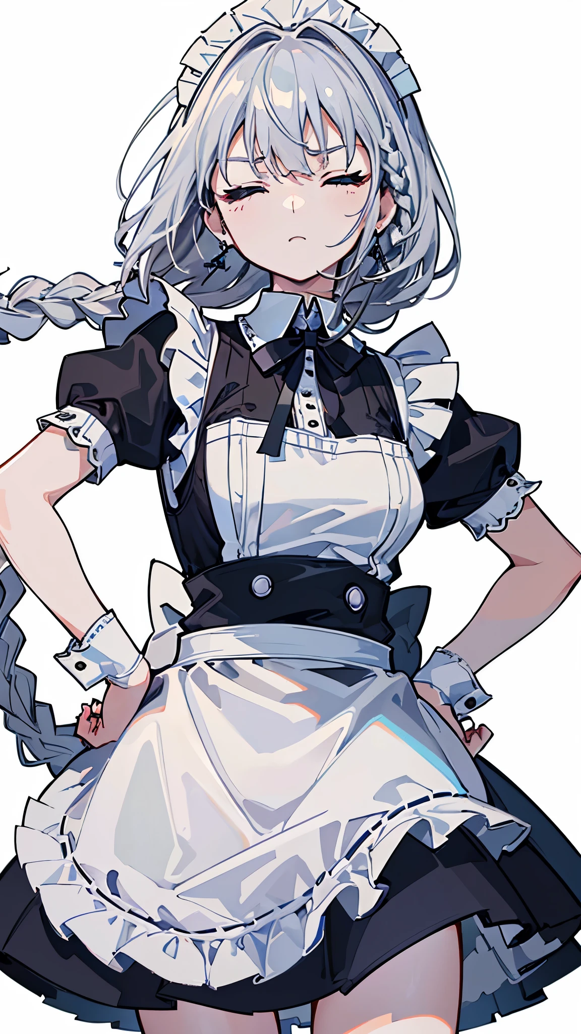 (8K、best image quality、highest quality、masterpiece)、detailed face、1 girl、gray hair、((Single Braid))、((closed eyes))、angry、earrings、small breasts、((maid))、short apron、miniskirt、Put your hands on your hips、Take from below、look down、cowboy shot、((White background))