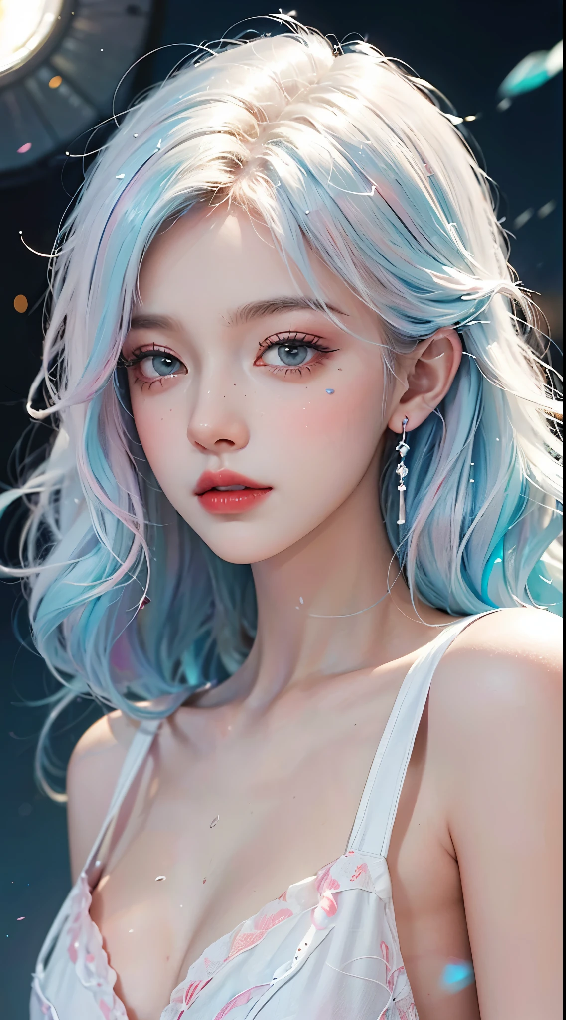 （masterpiece、best quality、high resolution），（Colorful background，（splash of color）），sweet girl，Light blue and white medium length hair，[light blue|pink big breasts]hair，curls，sparkling，red pink lips，The cracks are relatively large，(splash of color，(Short white dreisure body lesbian:0.8,Volumetric lighting，upper part of body