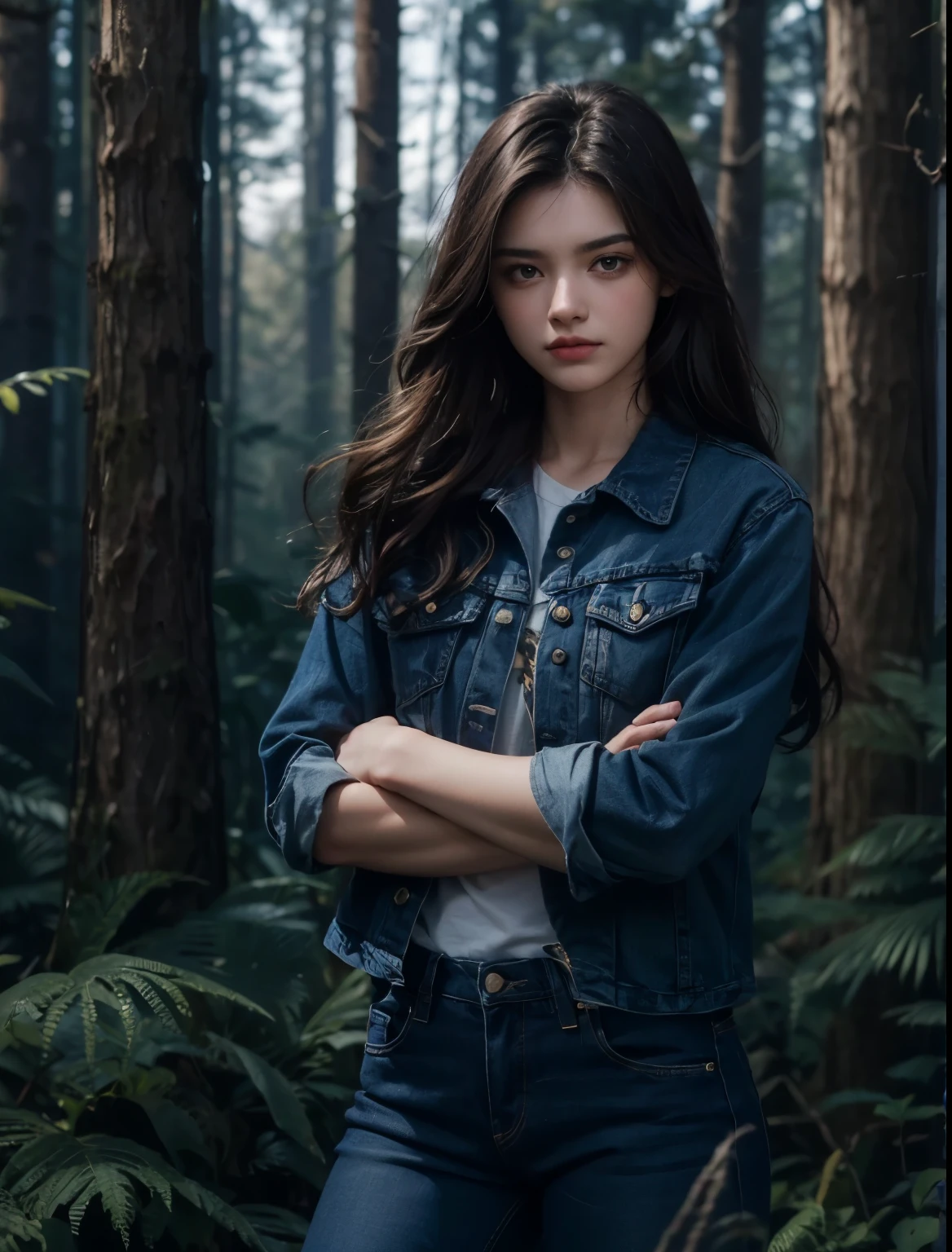 A beautiful woman. Fifteen years old. She has her arms crossed and a defiant look on her face. She's wearing blue jeans. Dark brown hair. she is in the forest.