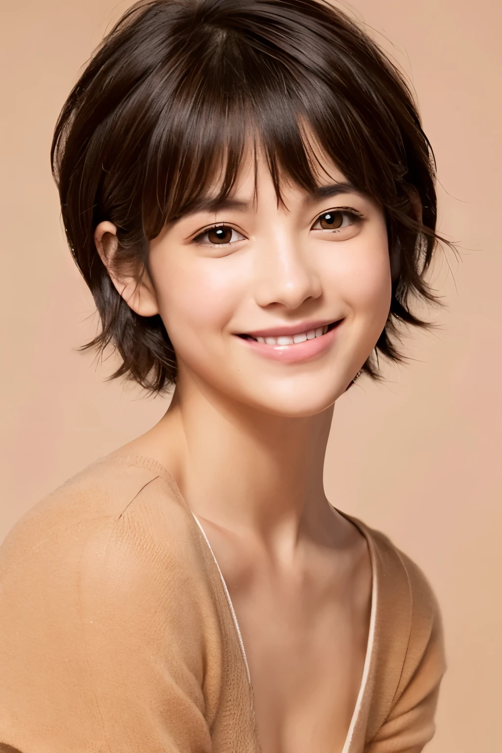 Pixie cut, very, very short hair, uneven tips, smile, brown hair
