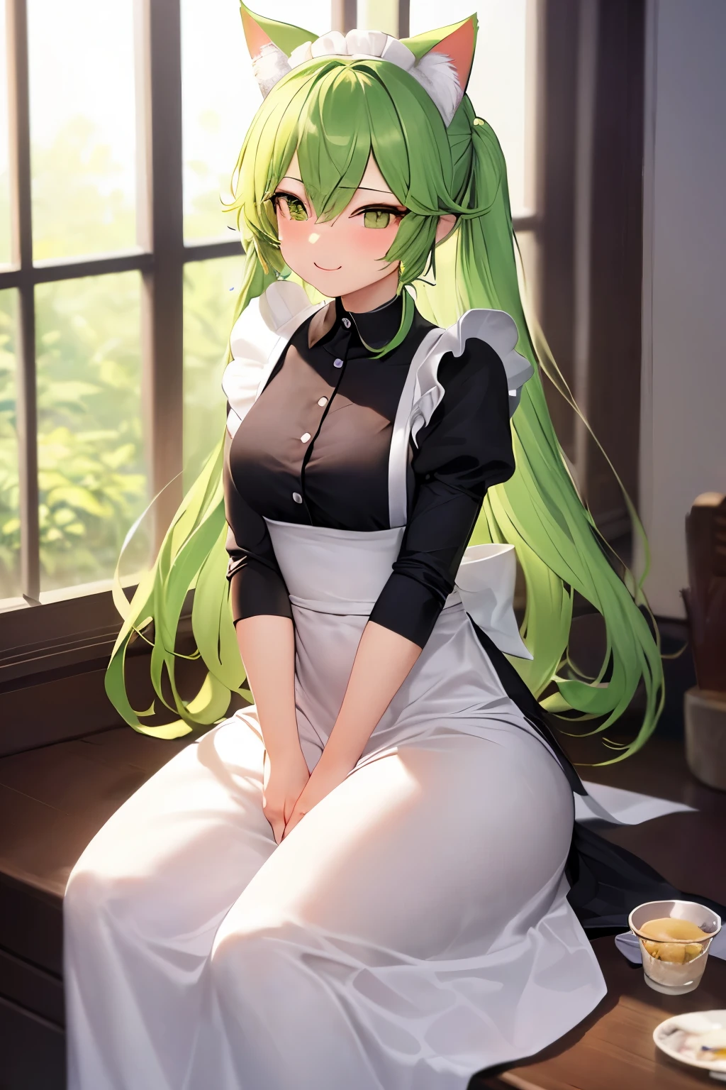 ((ผลงานชิ้นเอก))(น่ารัก)(เด็กผู้หญิง) cute girl .long lightgreen hair in maid long skirt .in house.cat ear.