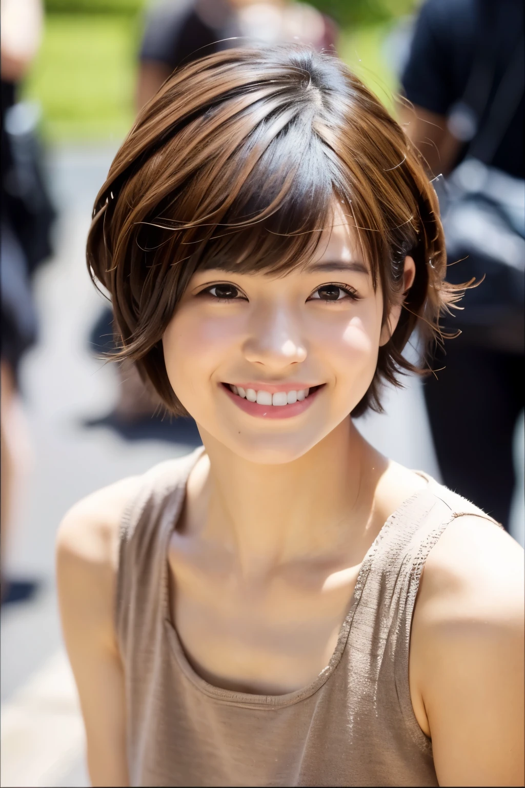 Pixie cut, very, very short hair, uneven tips, smile, brown hair 