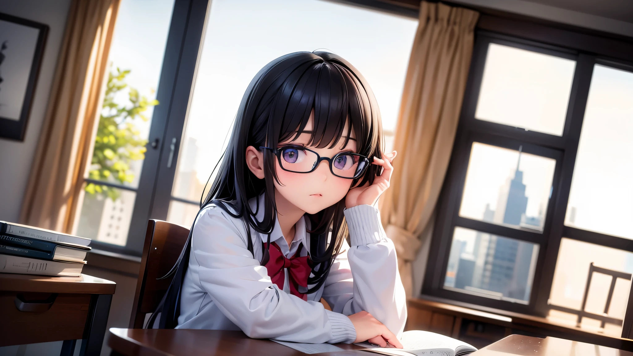 masterpiece, best quality, highly detailed illustration, detailed beautiful face, perfect anatomy, photo realistic, woman，high school student,cool beauty,wearing school uniform，Wear glasses，Have a troubled face、I&#39;m in a cute girly room,Studying