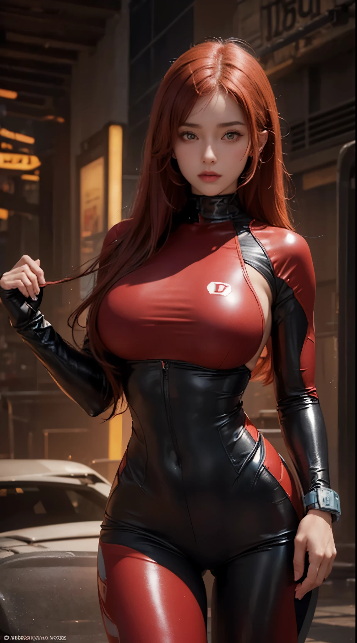 high detail, wearing (tight shirt:1.2), beautiful detailed face, red hair, hazel eyes, (attractive fitness woman:1.3), (seductive:1.1), (blushing:1.1), hourglass body shape, complete shiny aerobic black and red latex bodysuit, big round breasts