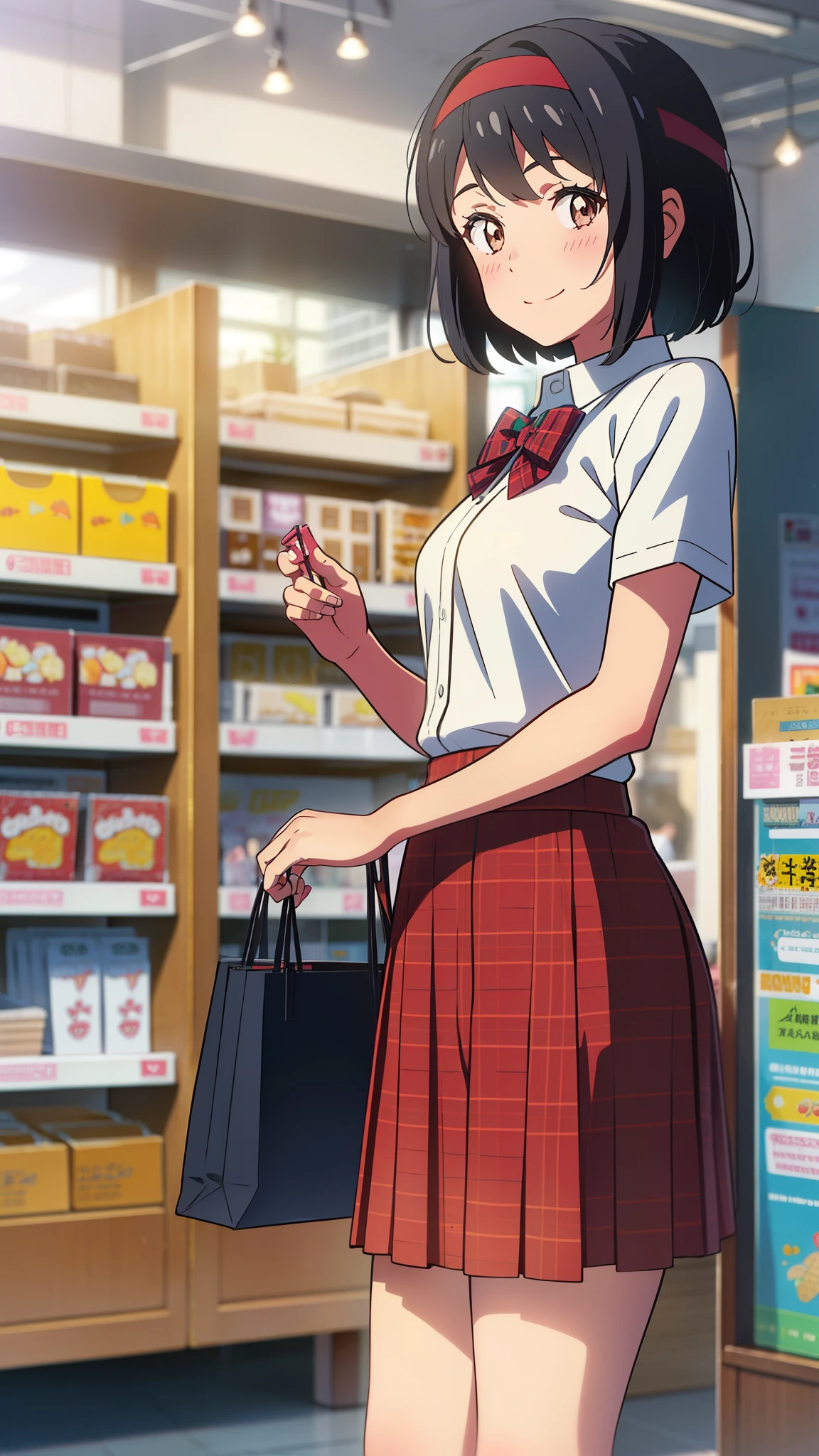 shinkai makoto, kimi no na wa., 1girl, bangs, black hair, blush, brown eyes, red headband, red bow, red ribbon, Everyday clothes, Fashionable clothes, skirt, plaid skirt, short sleeves, short hair, smile, cute, solo, looking at viewer, Holiday Afternoon, enjoying shopping, shopping mall, indoors