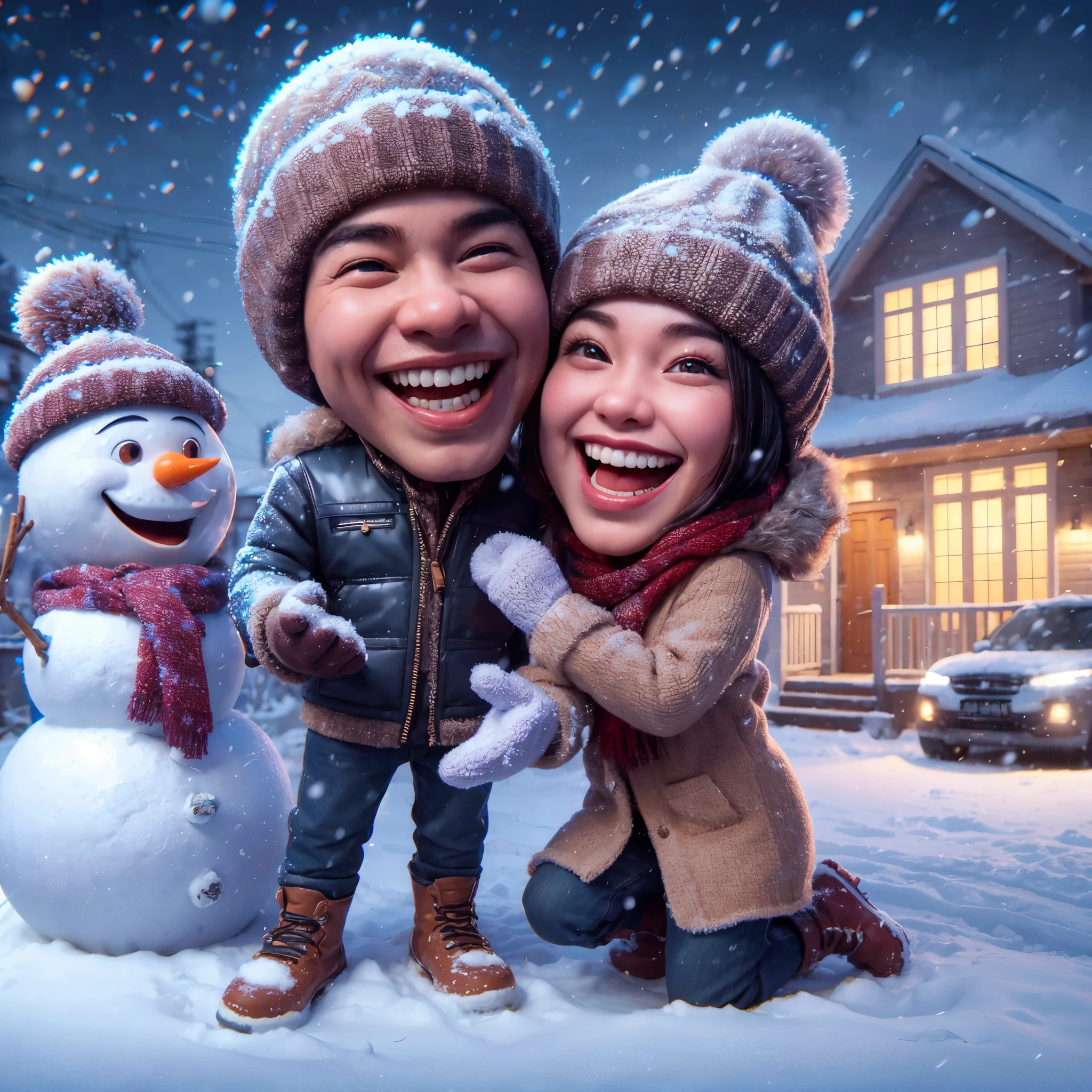 A realistic 4D caricature of a pair of Indonesian lovers wearing thick jackets, beanies, scarves, gloves, boots, joking, laughing, throwing snow at each other, with a tall snowman, a house yard, evening, front lights on, light snowfall, wind blowing softly, car