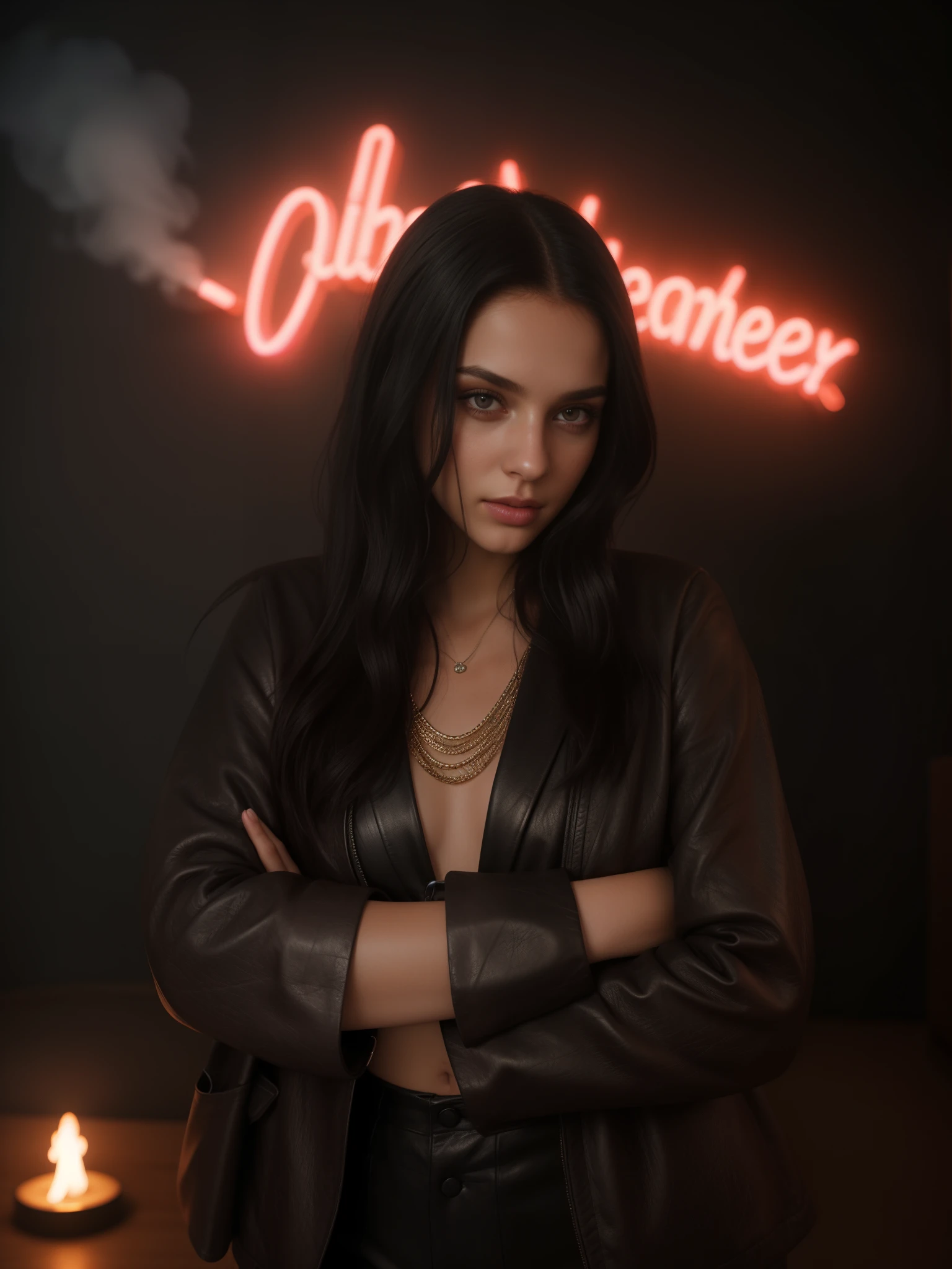 girl with black long hair in a leather suit posing in front of a neon sign, \(pink room, neon smoke throughout the room)\, James Baines computer graphics presented in society cg, art photography, dark background, behance hd,8k, studio portrait, realism, realistic photo, realism