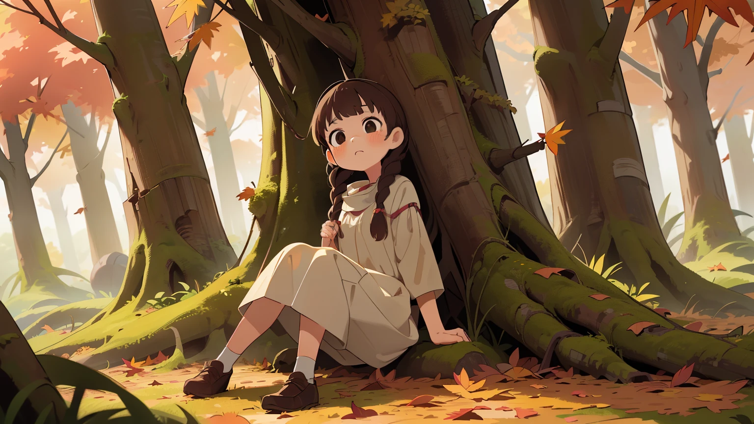 girl、art、full body angle、((切り株に座るgirl、solo、little woman、french braid、Natural color clothing))、natural look、highest quality、super detailed、high quality details、８ｋ、(((autumn leaves:1.5、deep autumn forest、Tree leakage day、silence)))