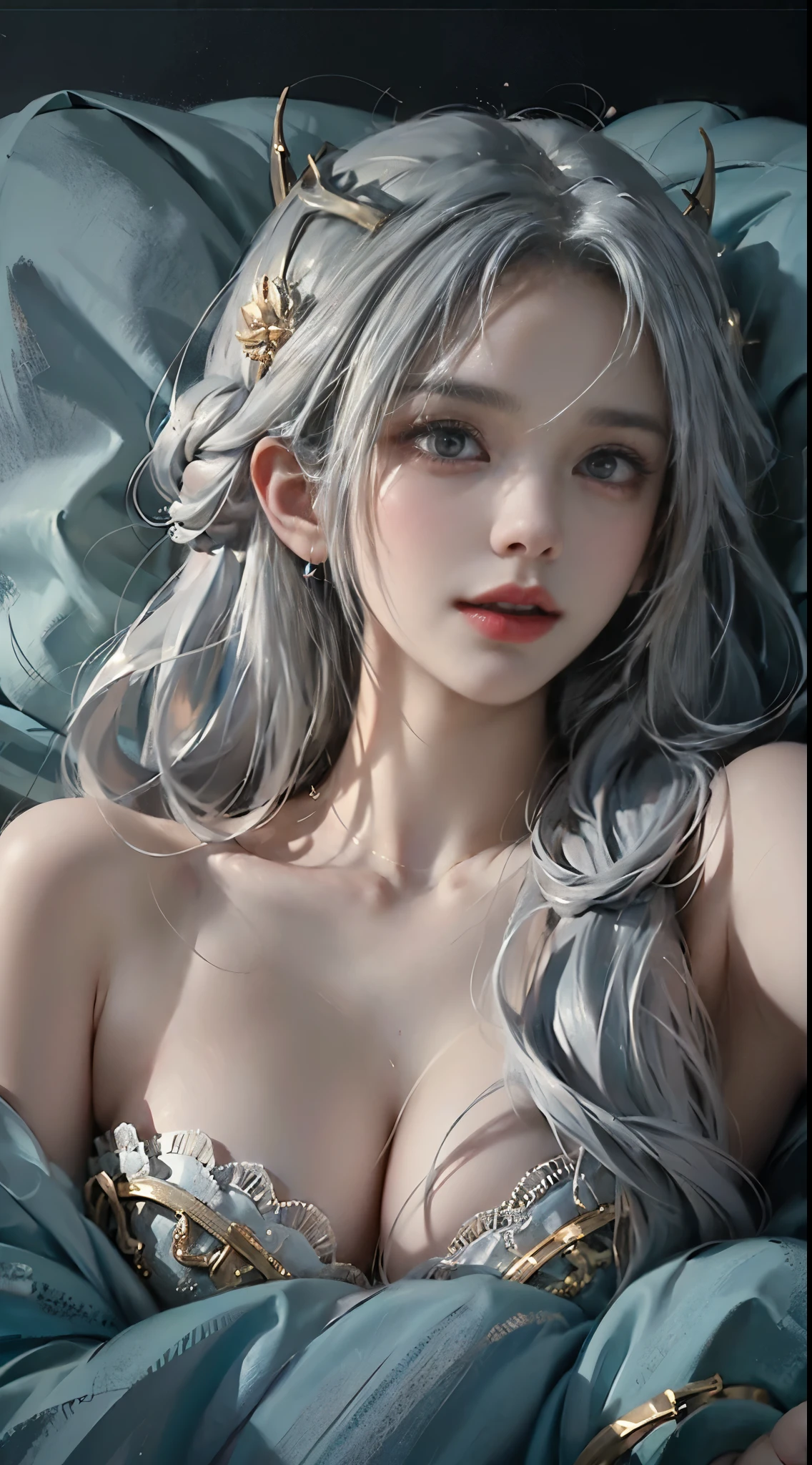 ((upscale, 8k, masterpiece: 1.5)), Clear public areas: 1.2, perfect body beautiful: 1.4, Big breasts, light gray hair, moist skin, the areola is visible, Lying in bed, Rest your hands behind your head, Knees bent，ancient bed，Film texture，