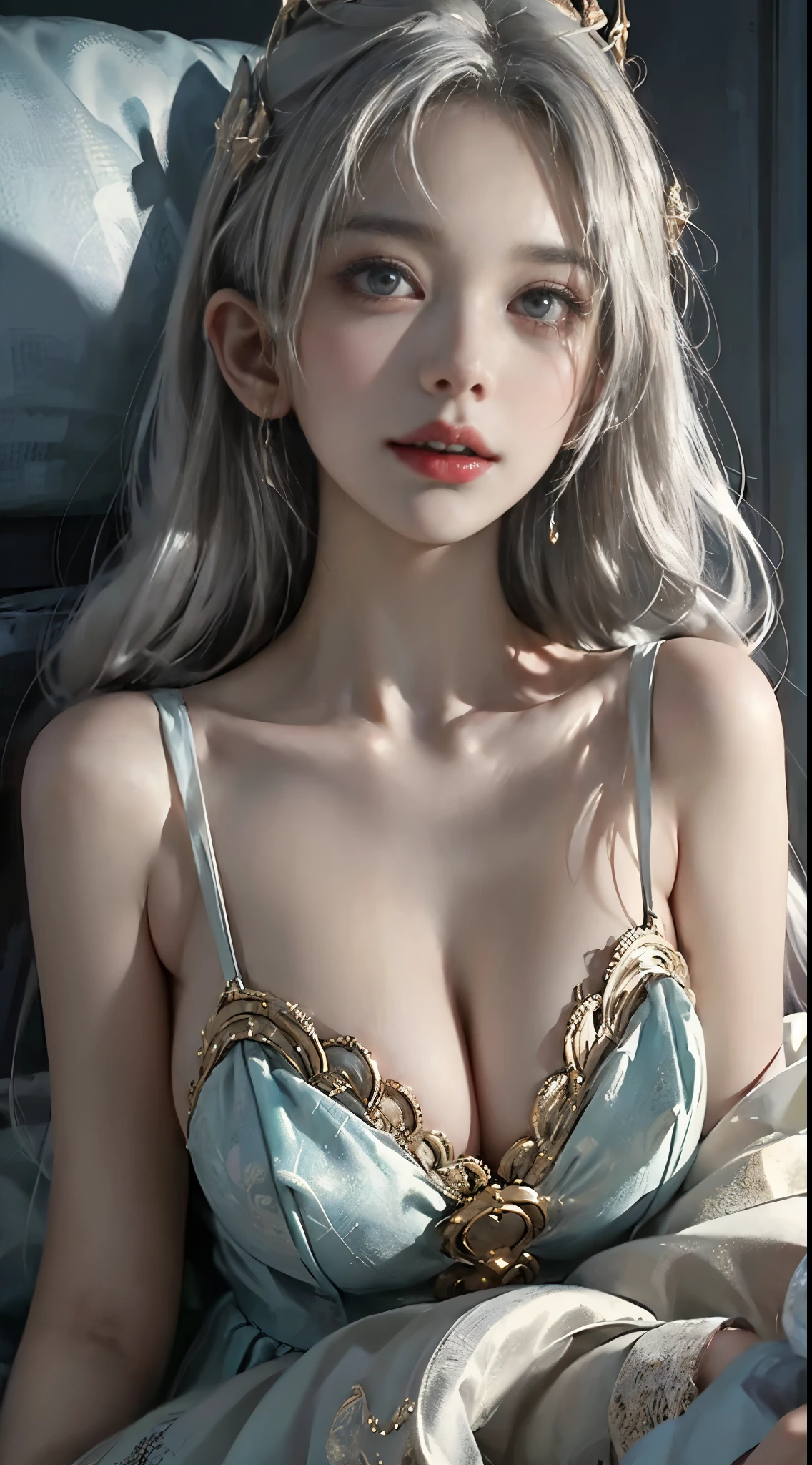 ((upscale, 8k, masterpiece: 1.5)), Clear public areas: 1.2, perfect body beautiful: 1.4, Big breasts, light gray hair, moist skin, the areola is visible, Lying in bed, Rest your hands behind your head, Knees bent,ancient bed,Film texture,