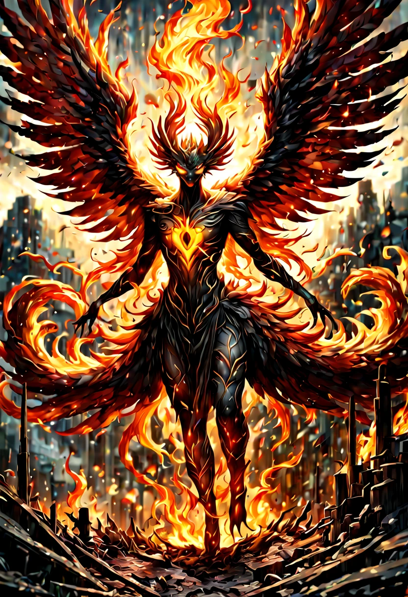 A Phoenix rising from the ashes, fire and smoke, golden radiance, fantasy artwork, sinister gloom, detailed, intricate, hyperrealistic. 
(best quality,4k,8k,highres,masterpiece:1.2),ultra-detailed,(realistic,photorealistic,photo-realistic:1.37), HDR, UHD, studio lighting, ultra-fine painting, sharp focus, physically-based rendering, extreme detail description, professional, vivid colors, bokeh, portraits, landscape, horror, anime, sci-fi, photography, concept artists, vibrant colors, surreal lighting.