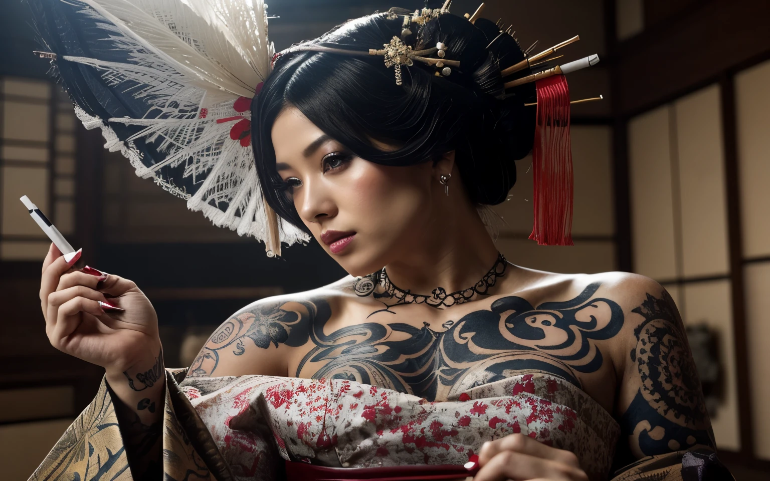 arafed woman with a tattoo and a cigarette in a room, cyberpunk geisha, glamorous and sexy geisha, geisha, beauty geisha, japanese goddess, japanese fantasy, very beautiful cyberpunk samurai, japanese geisha, portrait of a geisha, organic seductive geisha, portrait of geisha, inspired by Shunkōsai Hokushū, portrait shot