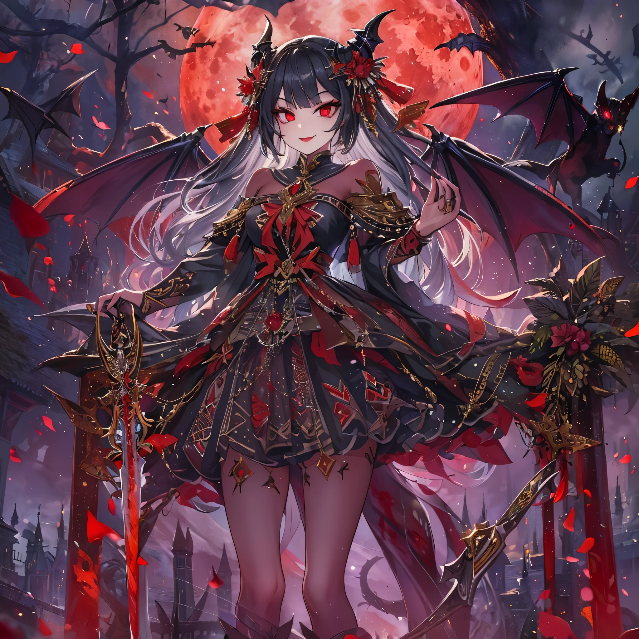 (extremely detailed 8K wallpaper),(ultra-detailed),(best quality),(masterpiece),(vertical painting),(highly detailed),(cinematic lighting),((Sword and magic world background)),((((A gorgeously dressed girl stands under the blood moon))))，beautiful girl，loli，(((vampire)))，(((Villain image))),gothic lolita，Black hair and red eyes，Devil's wings and tail，(((A haughty smile)))，anger