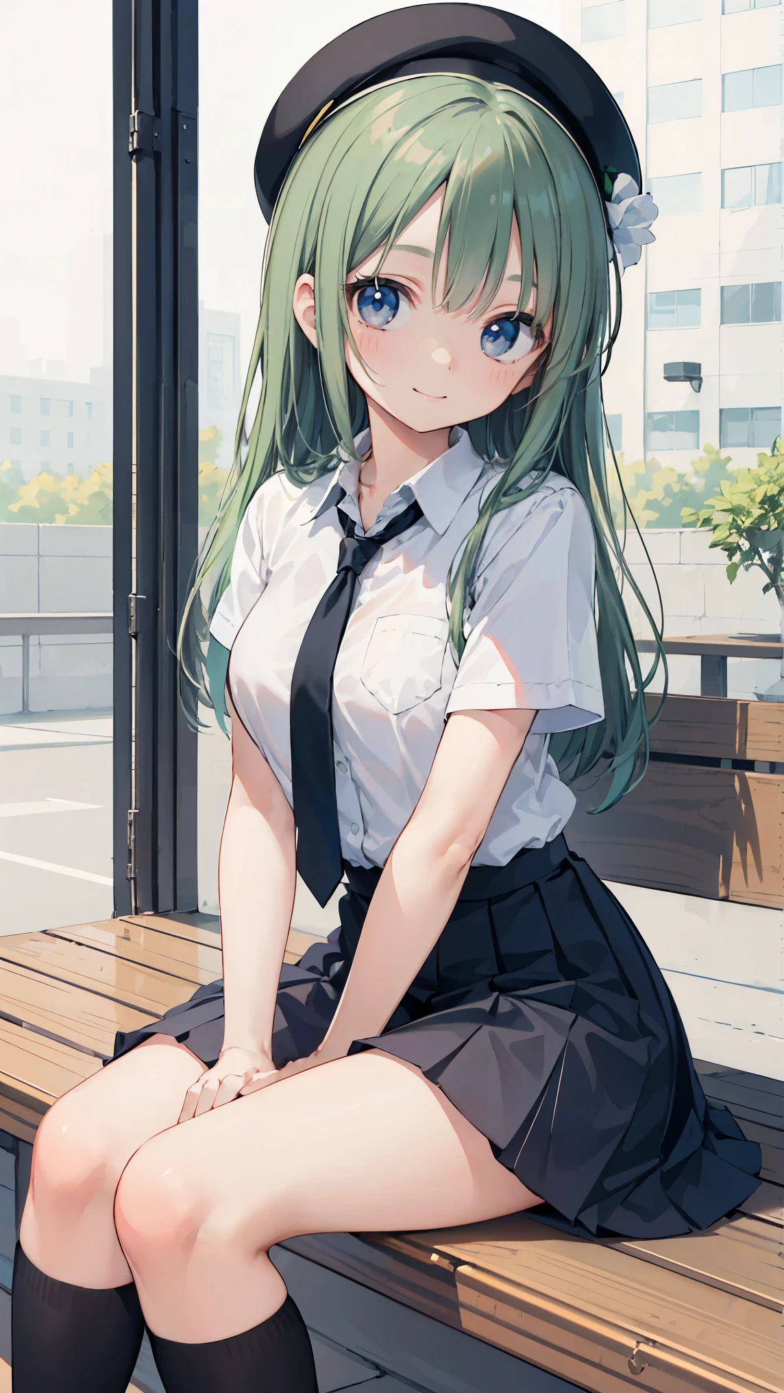 woman posing for a photo, shy smile, Happy, long hair, green hair, straight hair, fine skin, beautiful hands, Beautiful fingers, Wearing a beret, tie, Blouses with short sleeves, pleated skirt, thighs, Absolute area, knee socks, during the day, hot summer day, School, schoolyard, sitting on the bench, Canned juiceを持っている, natural lighting, detailed face:1.2, sharp focus, hasselblad photography, masterpiece, light makeup, cinematic lighting, 4K, highest quality, sharpness, anime style, whole body, Canned juice, 