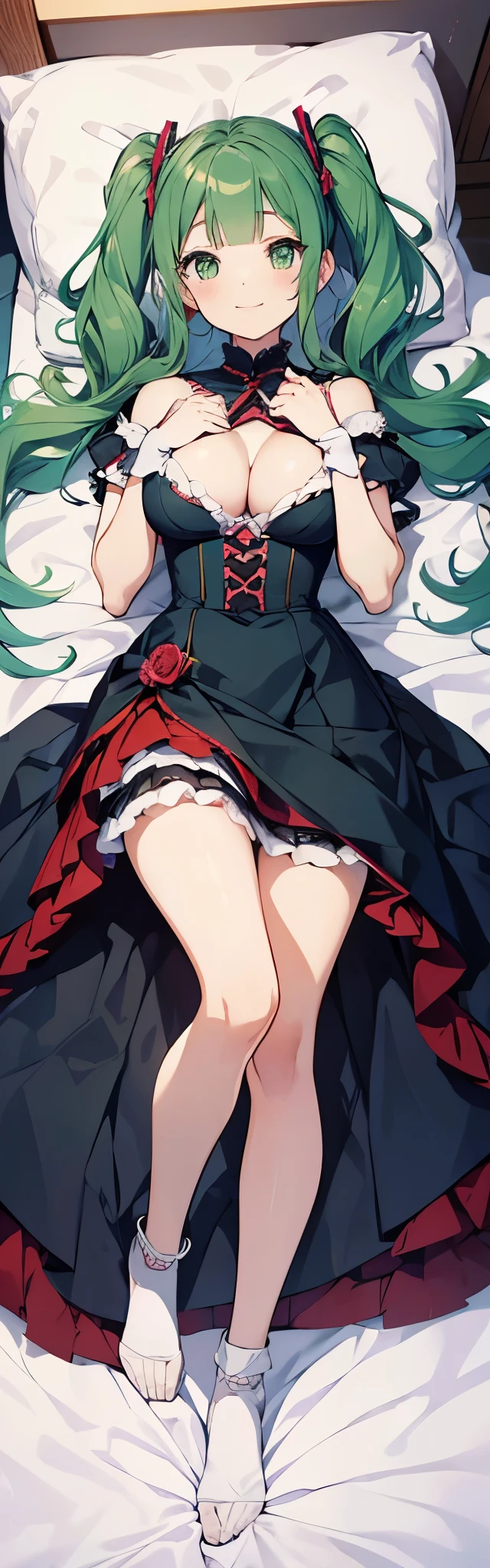 1 girl, anime beautiful girl、((Yurika Todo \(Aikatsu\) )),vampire, (long green hair、twin drill、twin tails, blunt bangs:1.5,Big eyes、slanted eyes、green eyes), Goth  underwear,(slender body),((big breasts)),frills, High resolution, masterpiece, look at the audience,on the bed、On your back、lying down、beautiful girl、Idol、smile、(full body illumination)