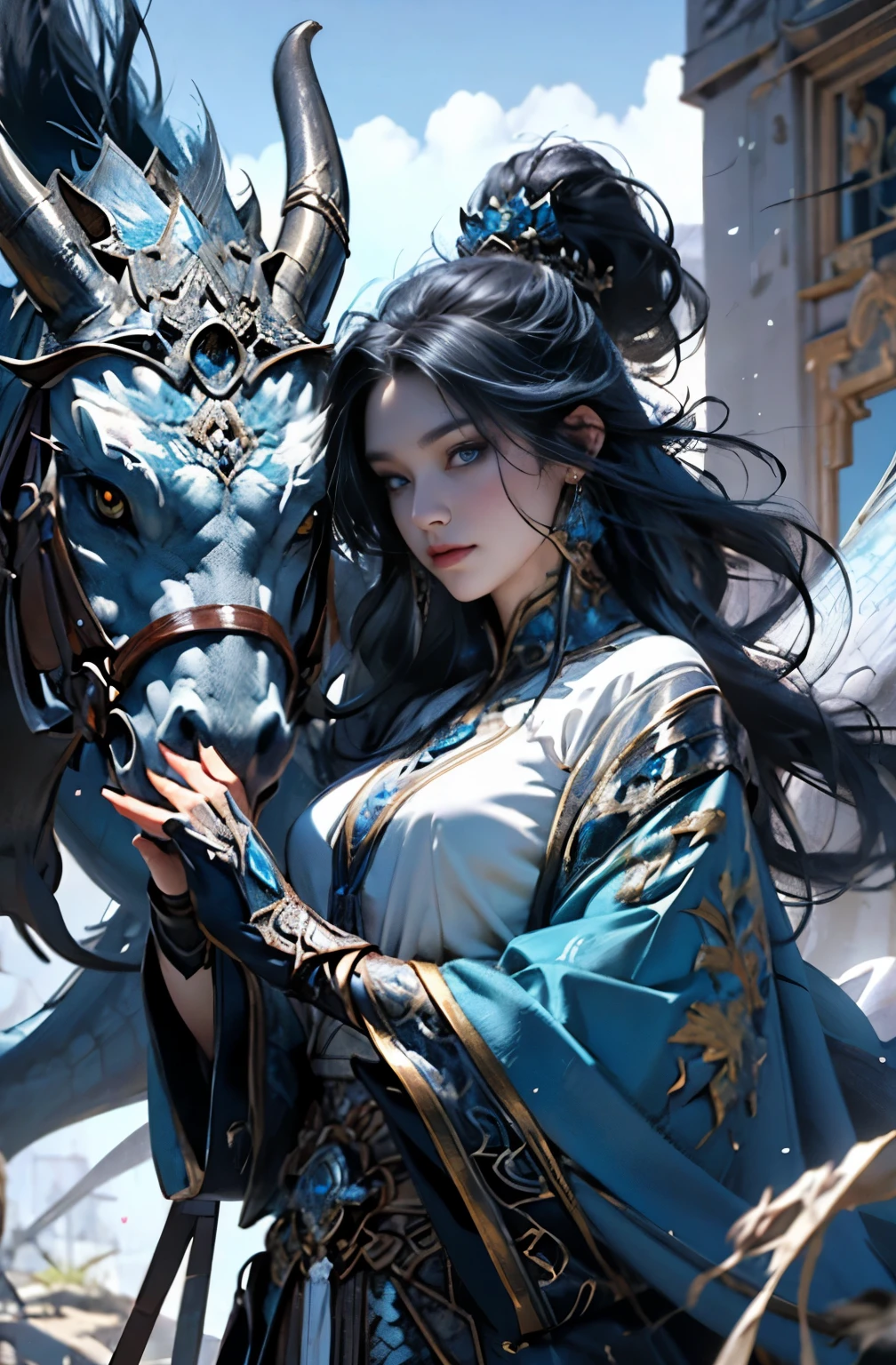A very beautiful woman standing next to a white dragon, Encounter with the legendary white dragon, giant white dragon, blue eyes white dragon, god々Shii Hakuryu, detailed fantasy art, fantasy art style, fantasy style art, highly detailed fantasy art, detailed digital 2d fantasy art, fantasy artist, epic fantasy art style hd, high quality fantasy art, detailed fantasy illustration, fantasy book illustration, digital 2d fantasy art, Fantasy Art Illustration, 4K fantasy art, Written by Gene Jay., fantasy art style, 2. 5D CGI Anime Fantasy Artwork, epic fantasy art style hd, Epic fantasy digital art style, detailed fantasy art, 詳細なdigital 2d fantasy art, Ruan Jia and Artgerm, 8K fantasy art, sharp outline, extremely detailed and beautiful eyes, blue eyes without pupils, beautiful blue eyes, pretty much beautiful face, Also々exterior, Valhalla, unparalleled beauty, masterpiece, highest quality, perfect angle, perfect composition, best shot, official art, cinematic light, very beautiful and fantastic scenery, chivalry dream, sense of presence, Michael Letter, Christoph Huge 、Ultra-precision coating, luminism, art by Carne Griffiths and what a bone concept art, 4K resolution, fractal isometricdetailbioluminescence , 3D rendering, octane rendering, intricately detailed , cinematic, art station'Trendy, isometric center, Surreal cover photo, awesome full color, written by hand, Defining a hit , cinematic,amazing background, abstract beauty,stand, approaching perfection, pure form, golden ratio, minimalistic, concept art, Written by Brian Froud、Khan Griffith、what a bone、john william waterhouse, intricate details, 8K post production, High resolution, hyper detail, art stationのトレンド, studio photography, intricate details, very detailed, Greg Rutkowski, ancient white dragon