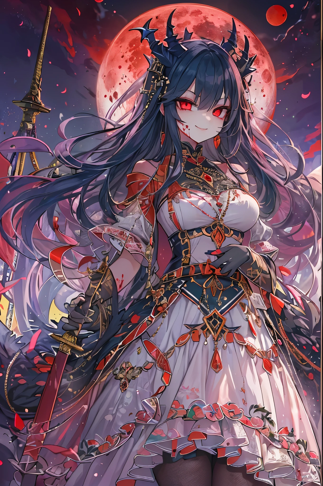 (extremely detailed 8K wallpaper),(ultra-detailed),(best quality),(masterpiece),(vertical painting),(highly detailed),(cinematic lighting),((Sword and magic world background)),((((A gorgeously dressed girl stands under the blood moon))))，beautiful girl，loli，(((vampire)))，(((Villain image))),gothic lolita，Black hair and red eyes，Devil's wings and tail，(((A haughty smile)))，anger