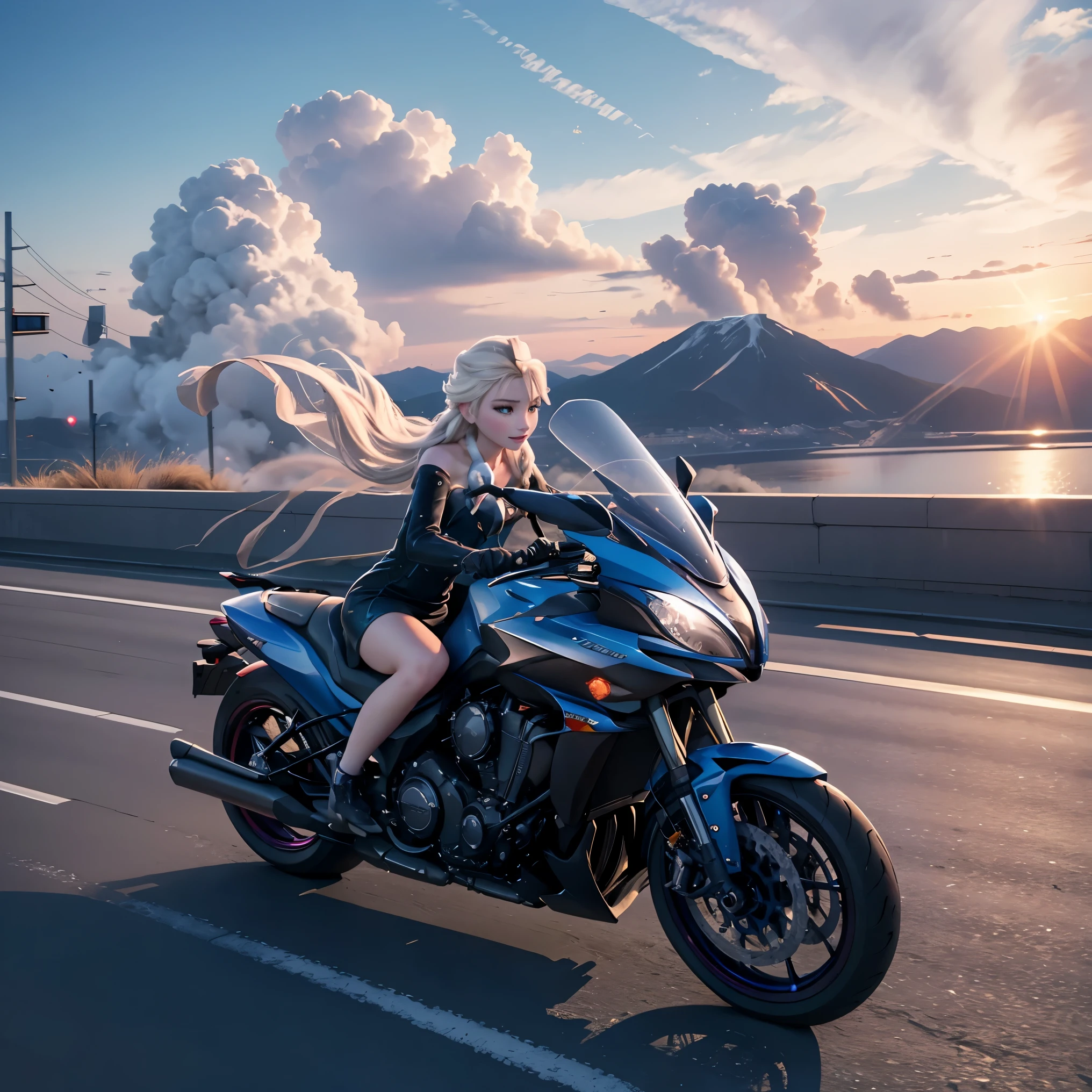 Elsa、beautiful, Elsa, frozen cityscape, high quality、Highway、(赤色の大型のチョッパーハンドルのバイクに乗る)、(ハーレー)、(アメリカンバイク)Driving with the front wheels floating at tremendous speeds、Exploding while cutting the wind