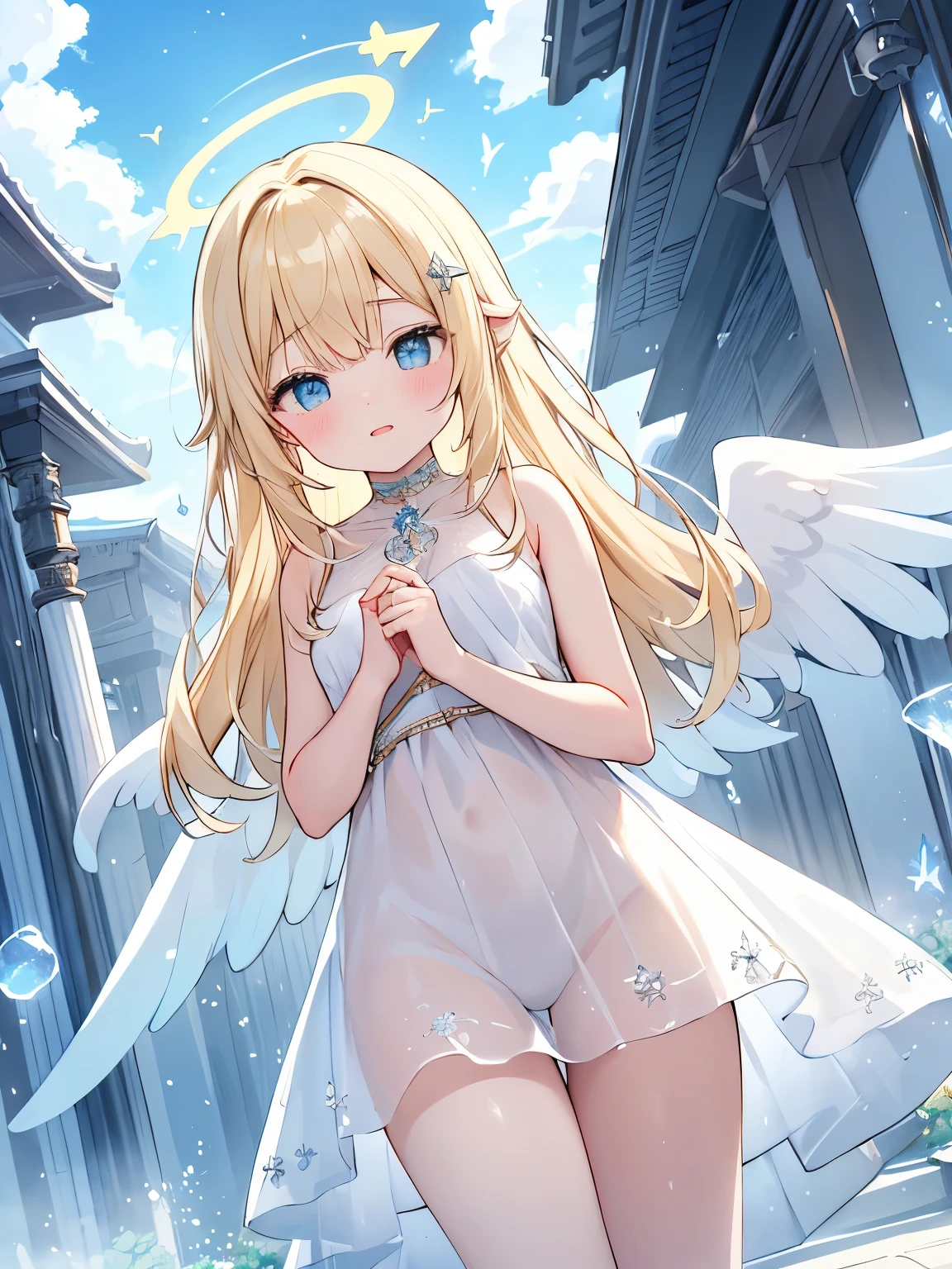 {{{masterpiece}}}, {{{highest quality}}}, NSFW:1.2、(girl、Angel:1.5、Transparent white dress:1.3、halo、blonde、Blue sky、temple、particles of light、fantasy)high contract、best lighting、most detailed、cinematic angle、