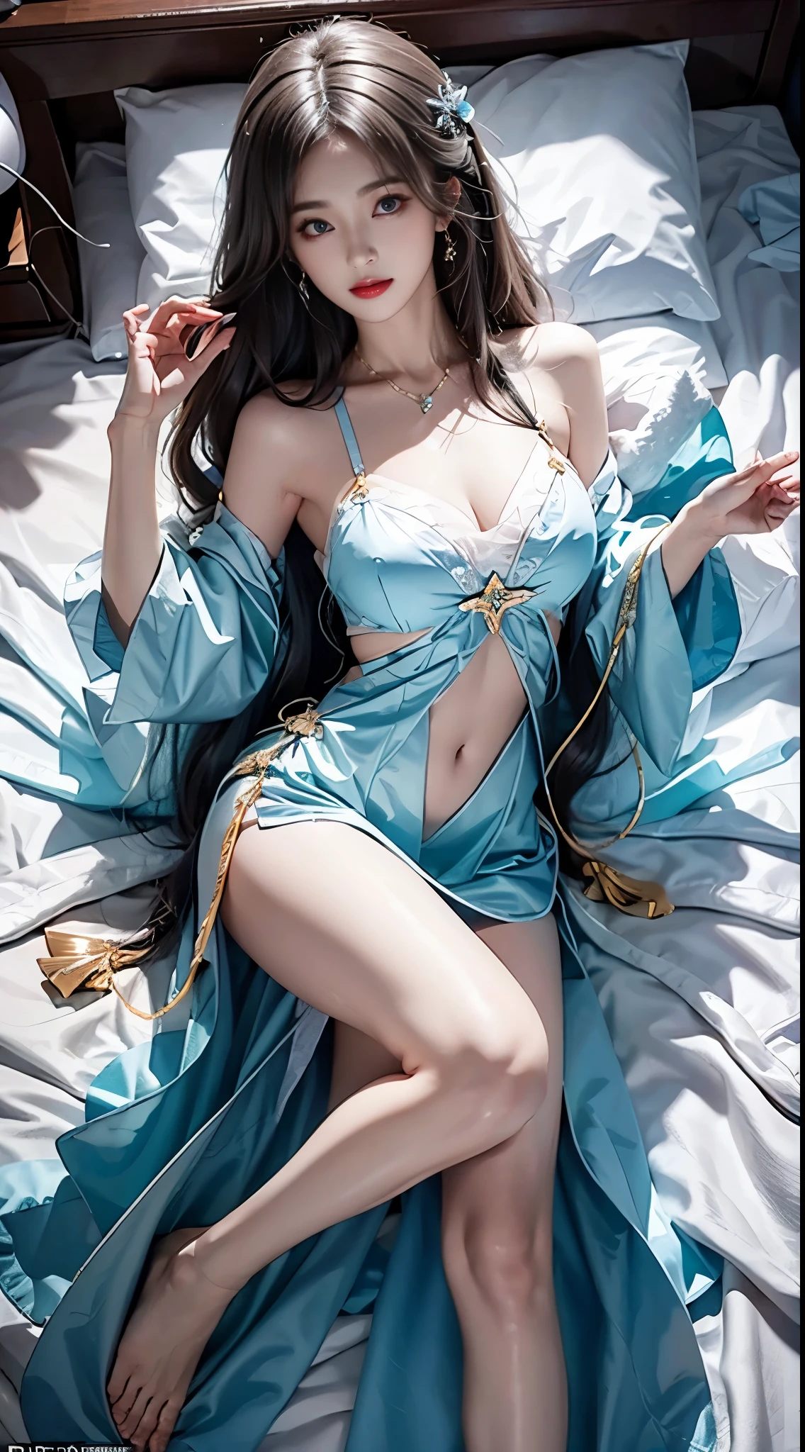 ((knee shot)), ((from above)), ((Satellite view)), ((Lying in bed)), clear face, pretty face, 8k, masterpiece, original photo, best quality, detail:1.2,lifelike, detail, Very detailed, CG, unified, wallpapers, depth of field, movie light, lens flare, Ray tracing, (extremely beautiful face, beautiful lips, beautiful eyes), intricate, detail的脸, ((ultra detailed skin)), 1 girl, in the darkness, deep shadow, beautiful korean girl, kpop idol,(Very slim figure:1.3), A plump chest, Large breasts, Slender sexy legs, Very nice legs, elegant posture, (bright smile), (City night, (neon lights), (night), beautiful korean girl, white diamond earrings, Diameter bracelet, Dia necklace, clear eyes, (big eyes)