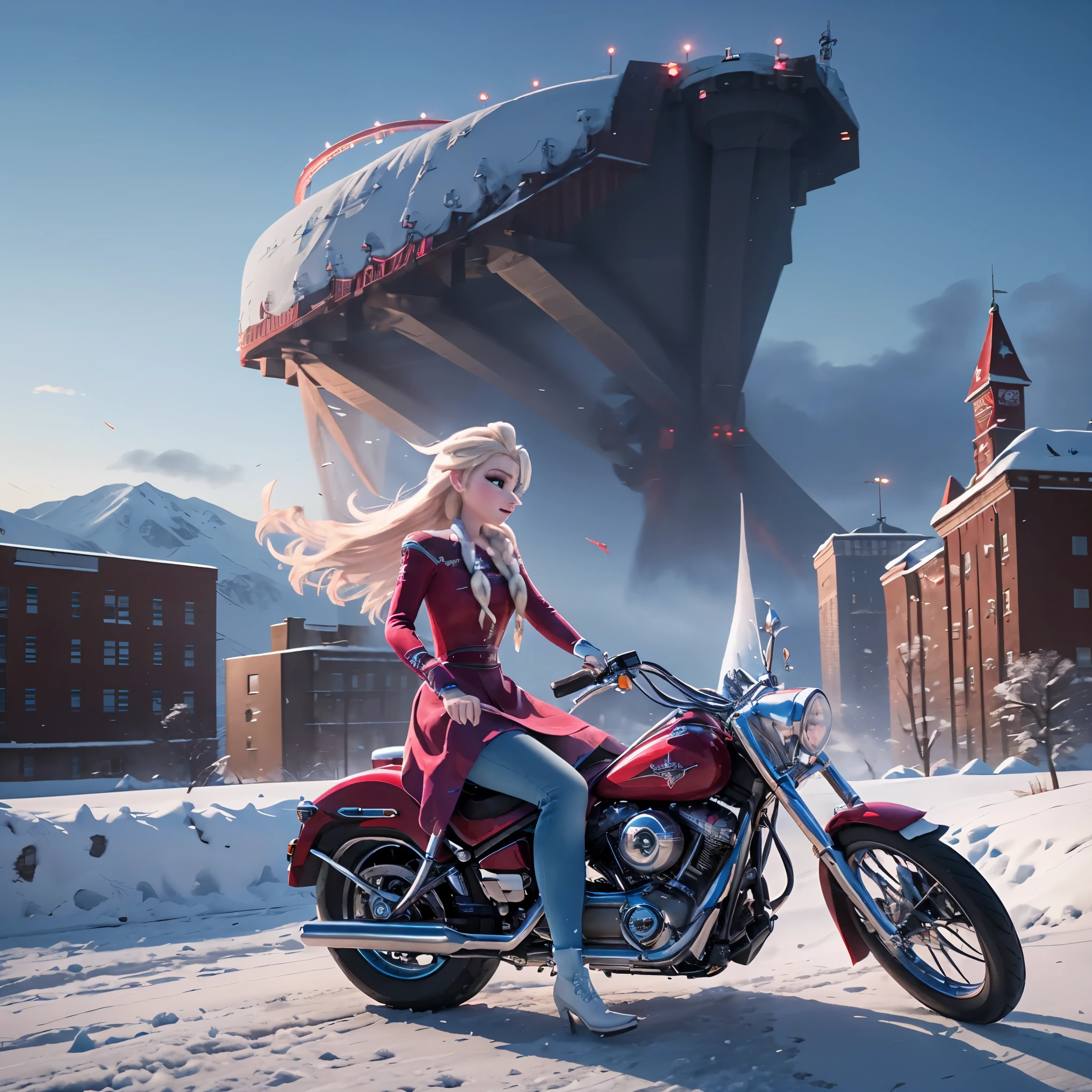 Elsa、beautiful, Elsa, frozen cityscape, high quality、Highway、(Riding a bike with a large red chopper handle)、(Harley)、(American Motorcycles)(long handle)Driving with the front wheels floating at tremendous speeds、Exploding while cutting the wind、Elsa in a snow dress