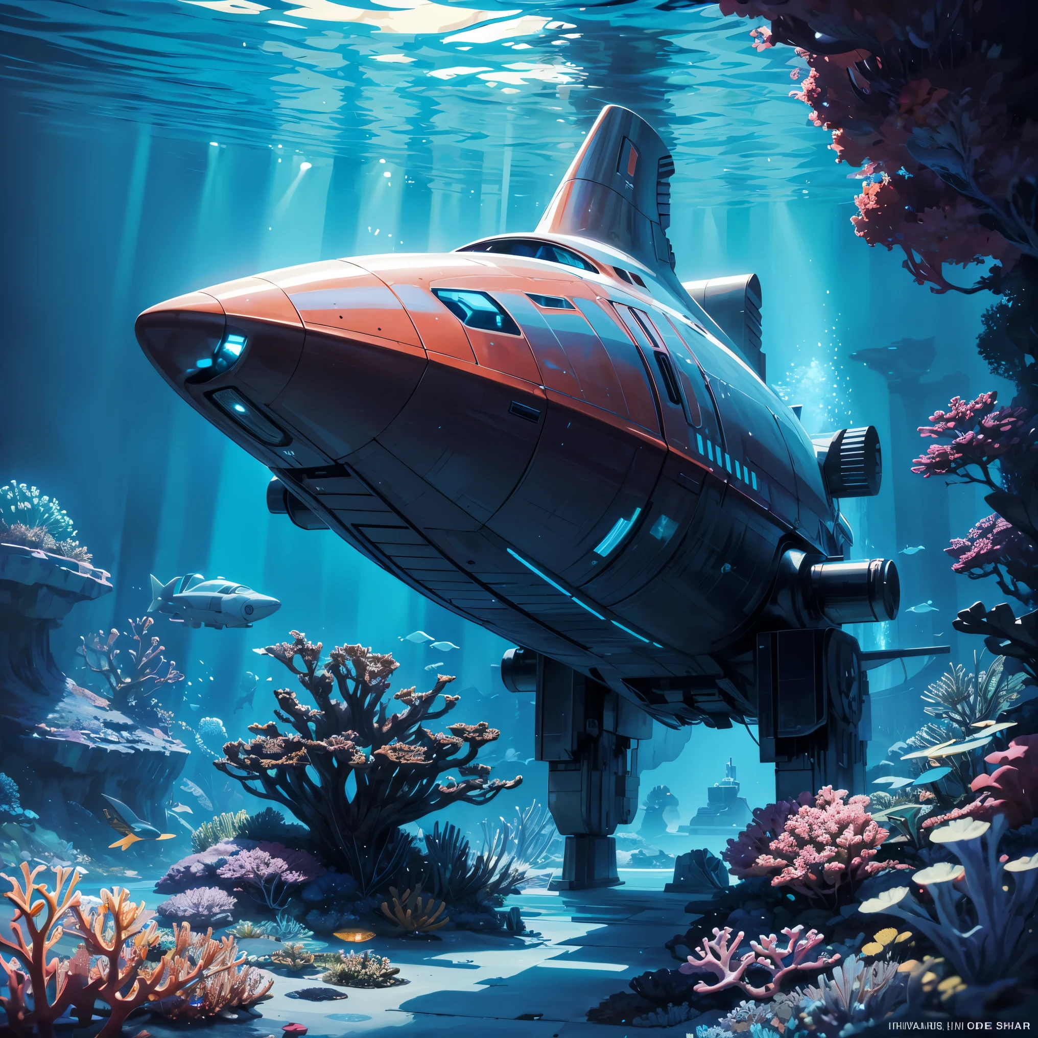 best quality,highres,(masterpiece:1.2),ultra-detailed,realistic,photorealistic:1.37,underwater,futuristic,submarine landscape,mecha,robotic,shimmering silver and copper,shiny metallic surfaces,silver bubbles,copper bubbles,neon lights,translucent,glowing,organic shapes,intricate details,crystal clear waters,diverse marine life,peaceful atmosphere,subtle gradients,colorful coral reefs,submerged futuristic architecture,dramatic lighting,contrasting shadows,neo-futuristic style.