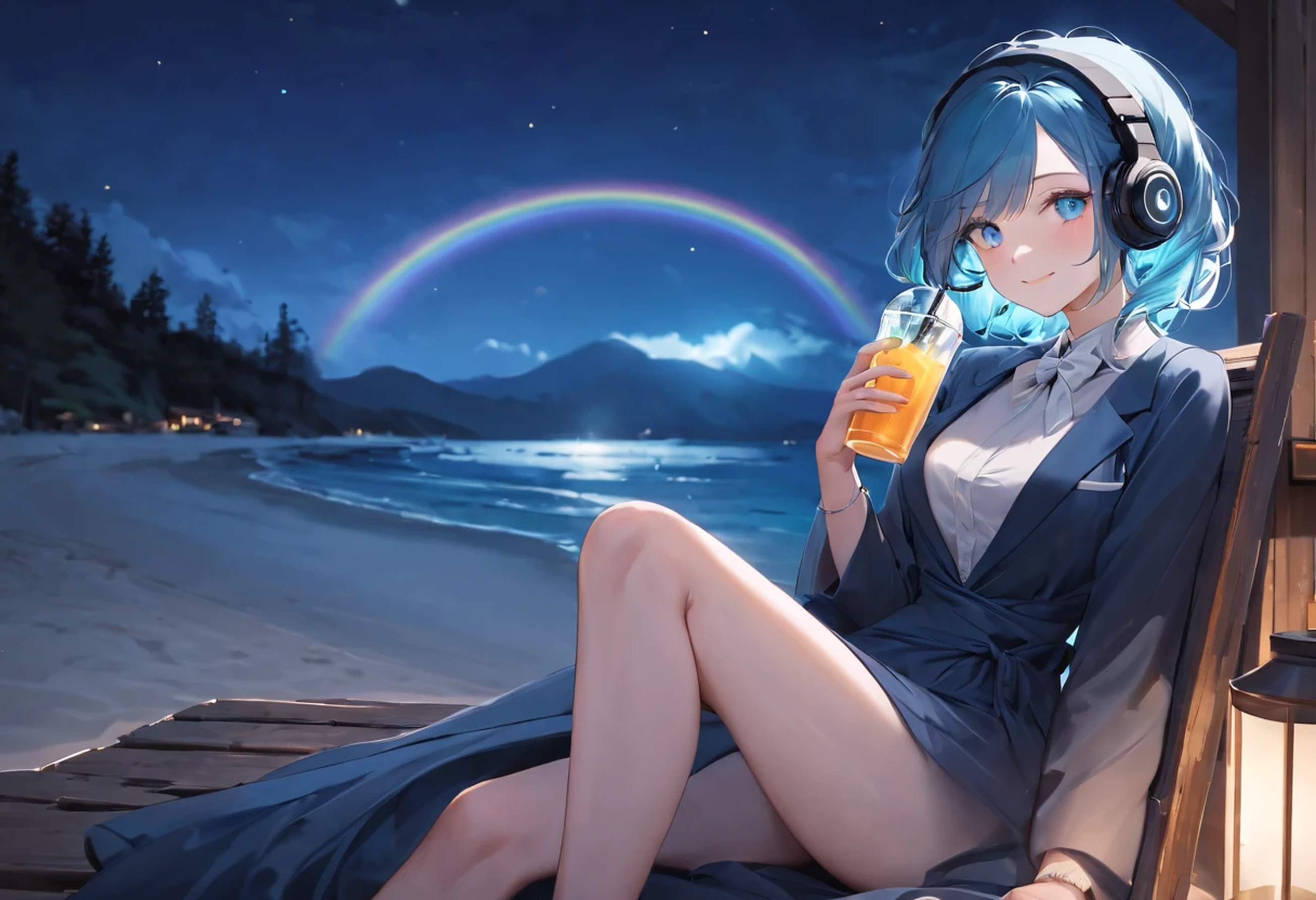 A young woman with tied-up colored Blue cyan aqua hair and eyes resembling a rainbow, listening to calm music on headphones, with a sexy smile, holding a cold drink, dressed in Stylish formal attire, in a chalet at a beach at night. An image that inspires sexyness, tranquility, lightness, elegance, and comfort.