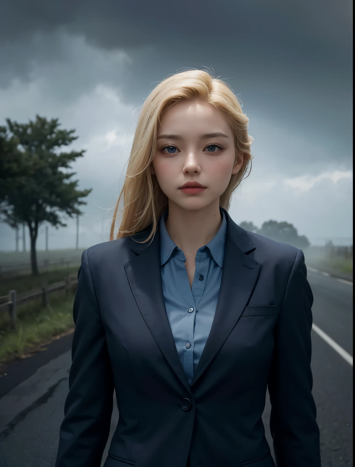 A very cute woman.A beautiful woman with blonde hair and blue eyes looks at the camera with a serious expression. Late twenties. He is wearing a business suit. She is standing on a rural road. An eerie fog is gathering around the area.