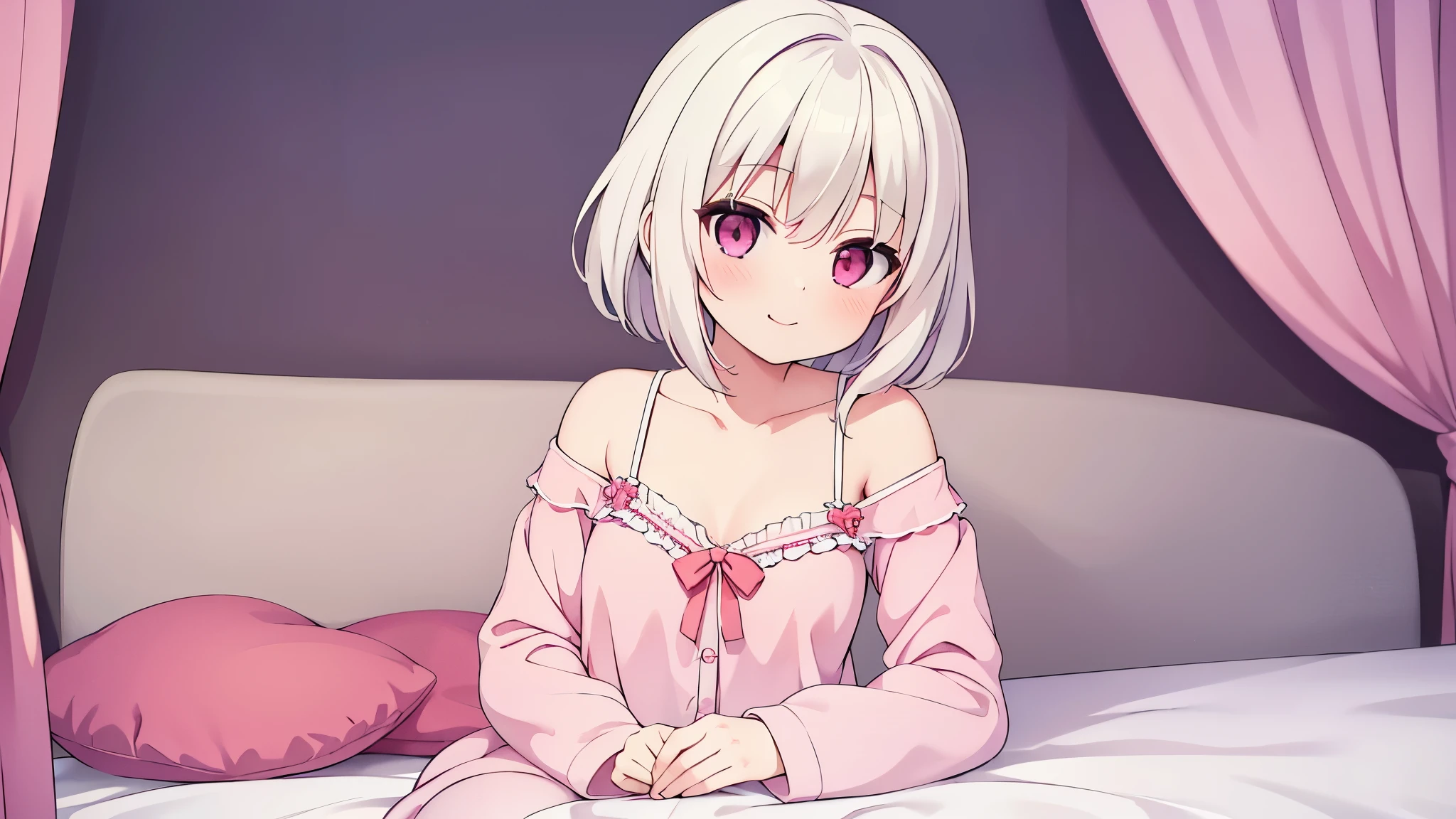 (masterpiece),(Highest image quality),High resolution,(Dainty and cute),(very detailed), 1girl, solo,An illustration,fantasy,short,white hair color,perm,pajamas,pink eyes,small breasts,smile,background through,on the bed