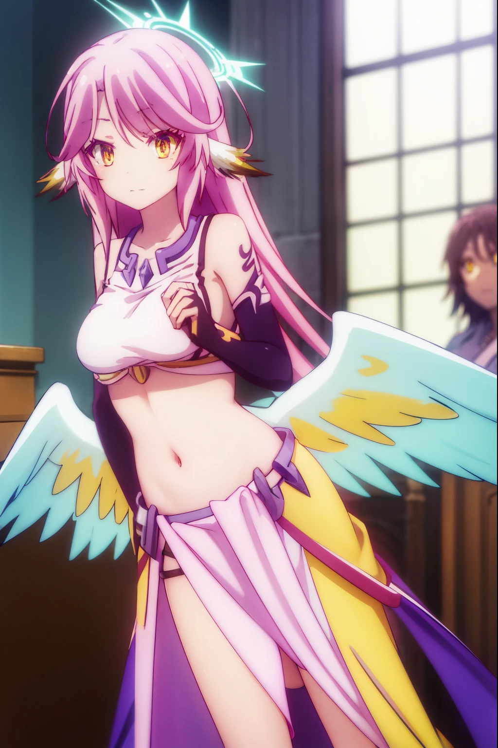 jibril, BREAK jibril, angel, angel wings, animal ears, bird ears, compass rose halo, feathered wings, feathers, gradient hair, halo, long hair, low wings, multicolored hair, navel, pink hair, symbol-shaped pupils, tattoo, white wings, wing ears, wings, (yellow eyes:1.5), smile,
BREAK asymmetrical legwear, crop top, cross, gloves, mismatched legwear, sideboob,
BREAK indoors, library,
BREAK looking at viewer, (cowboy shot:1.5),
BREAK (masterpiece:1.2), best quality, high resolution, unity 8k wallpaper, (illustration:0.8), (beautiful detailed eyes:1.6), extremely detailed face, perfect lighting, extremely detailed CG, (perfect hands, perfect anatomy),