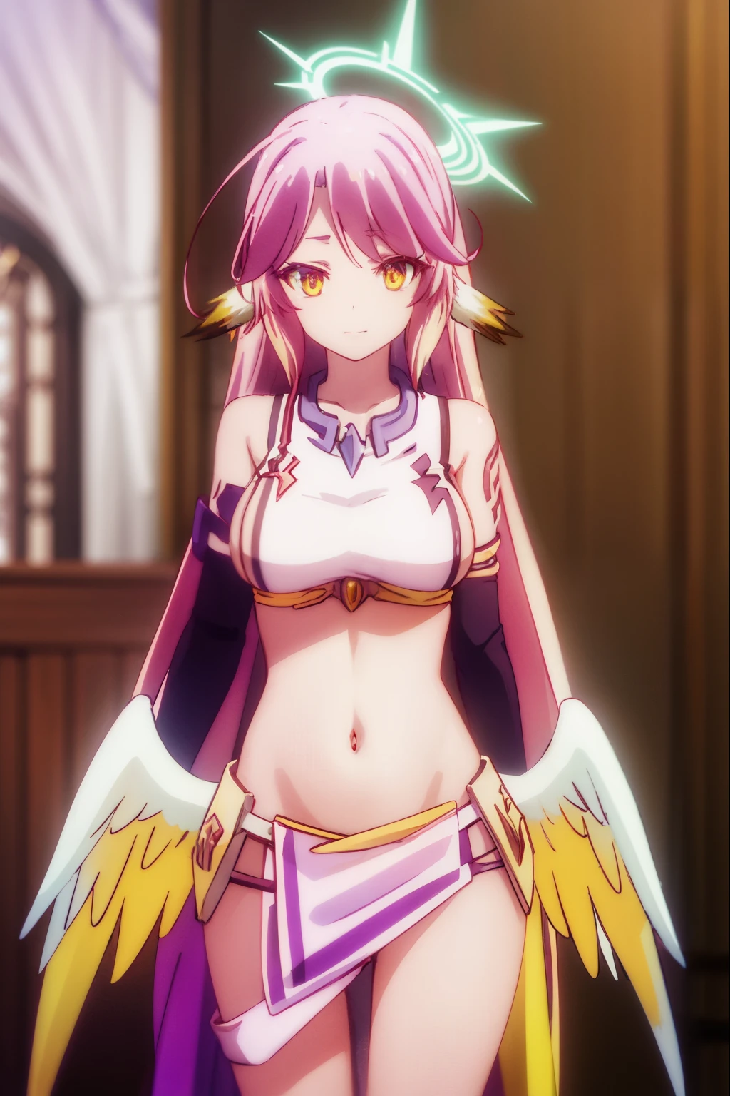 jibril, BREAK jibril, angel, angel wings, animal ears, bird ears, compass rose halo, feathered wings, feathers, gradient hair, halo, long hair, low wings, multicolored hair, navel, pink hair, symbol-shaped pupils, tattoo, white wings, wing ears, wings, (yellow eyes:1.5), smile,
BREAK asymmetrical legwear, crop top, cross, gloves, mismatched legwear, sideboob,
BREAK indoors, library,
BREAK looking at viewer, (cowboy shot:1.5),
BREAK (masterpiece:1.2), best quality, high resolution, unity 8k wallpaper, (illustration:0.8), (beautiful detailed eyes:1.6), extremely detailed face, perfect lighting, extremely detailed CG, (perfect hands, perfect anatomy),