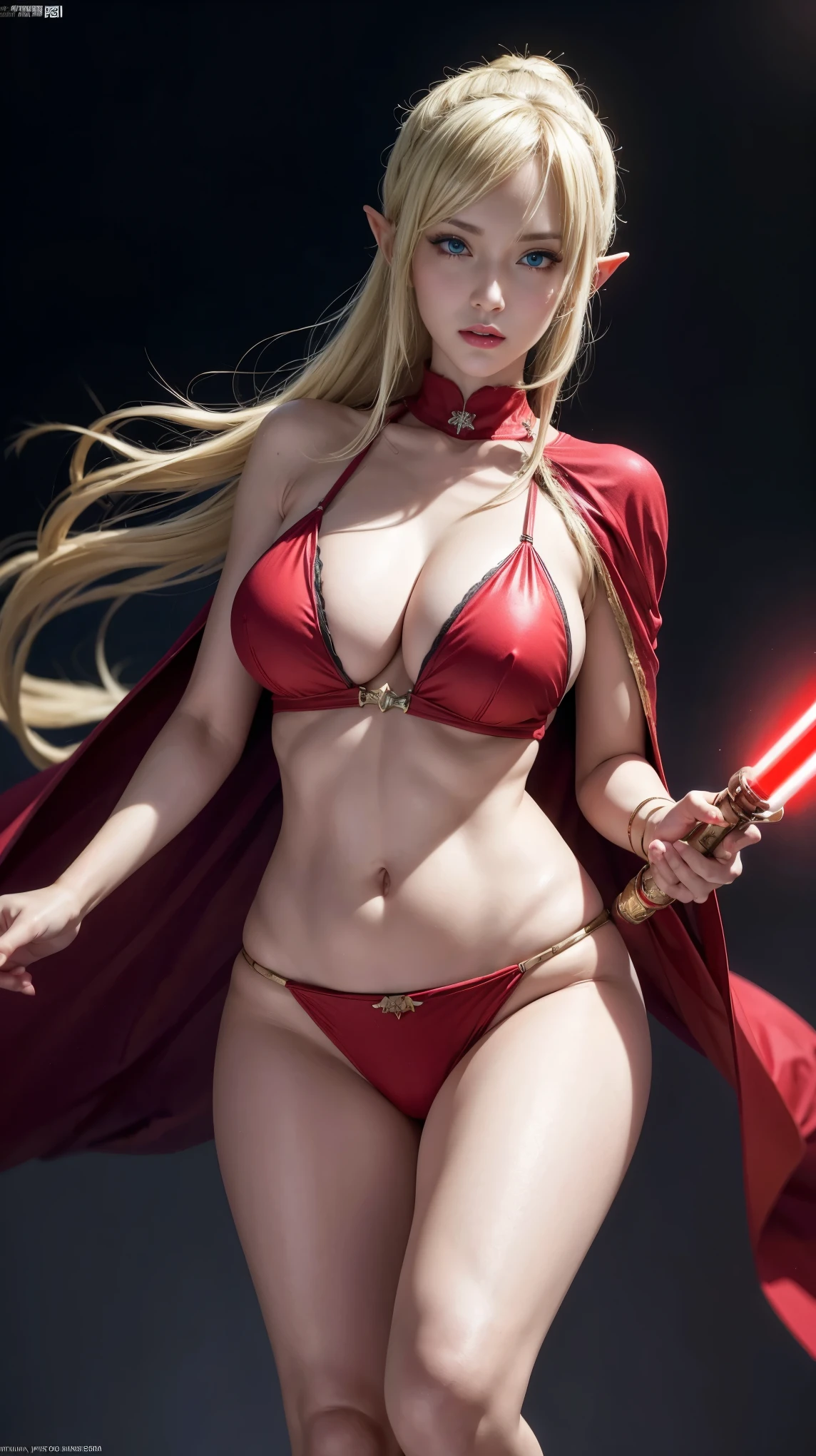 ((best quality)), ((masterpiece)), (detailed), perfect face A full-body shot of Princess Zelda, yellow hair, red eyes, dressed as sexy skimpy bikini modelling, 30 years old, mature, XL bust, gripping a one red light saber in only one hand, wearing a black cloak with red details, fighting, in a battle stance, Background: Inside the death star space station, Unreal Engine 5, Anime, Anime style, Masterpiece, Well drawn eyes, well drawn face, well detailed eyes, well detailed face, 8k, light and shadow effect.