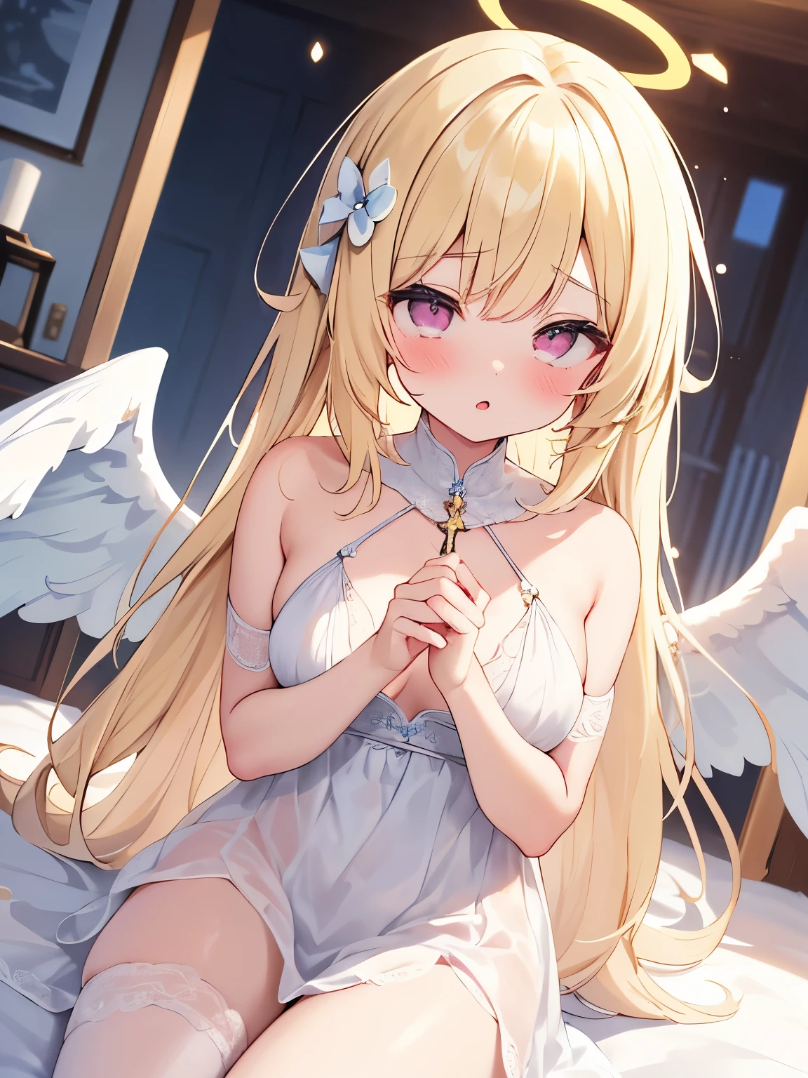 NSFW,((1 man and 1 woman,having sex)),lying down,vaginal penis,Filo, blonde hair, Ahoge, hair ornaments, flat chest, show off your nipples,bangs, long hair,angel wings, white dress, blue bow ,open mouth smile,best image quality,highest quality,white background,simple background