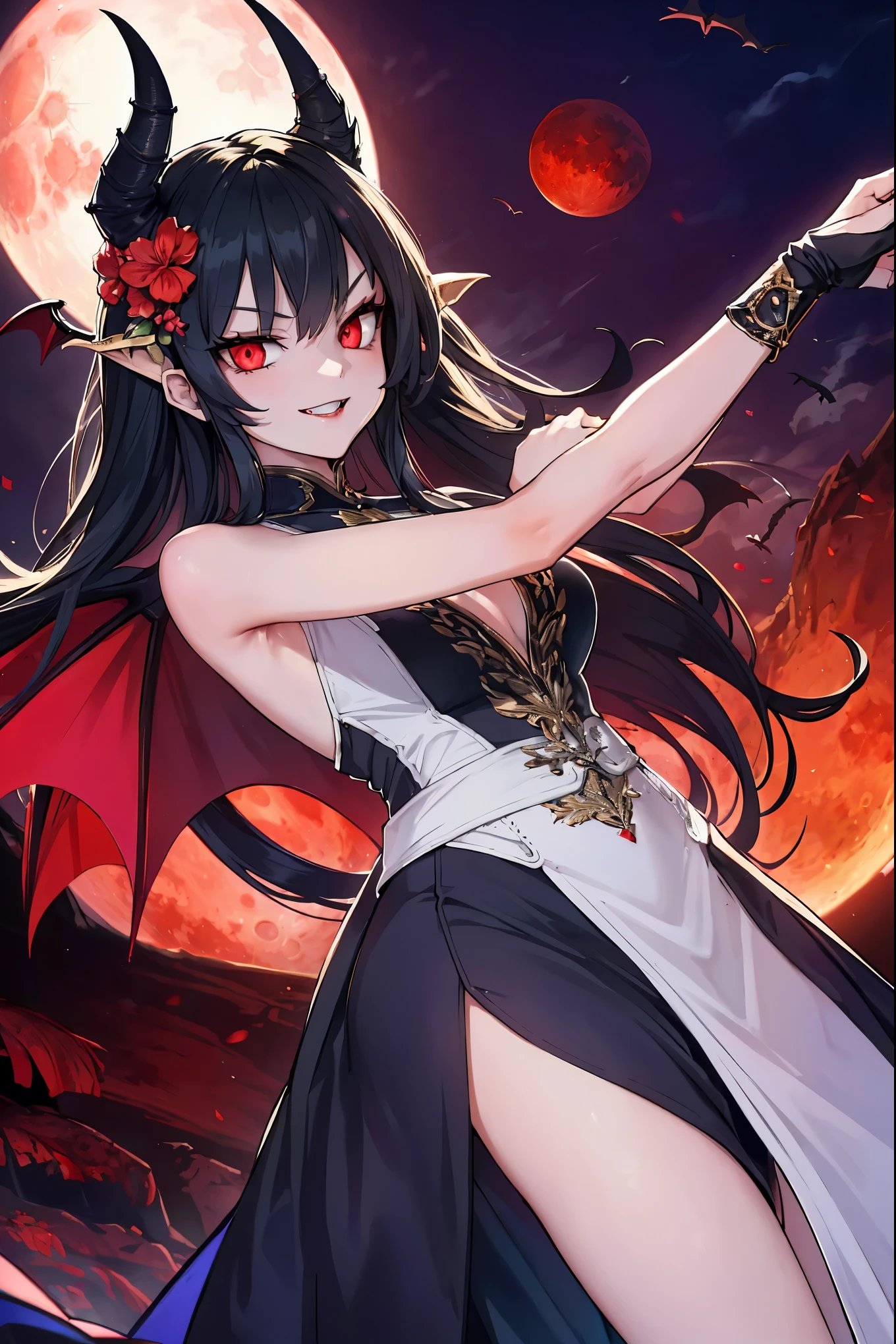 (extremely detailed 8K wallpaper),(ultra-detailed),(best quality),(masterpiece),(vertical painting),(highly detailed),(cinematic lighting),((Sword and magic world background)),((((A gorgeously dressed girl stands under the blood moon)))),beautiful girl,,(((vampire))),(((Villain image))),gothic lolilack hair and red eyes,Devil's wings and tail,(((A haughty smile))),anger