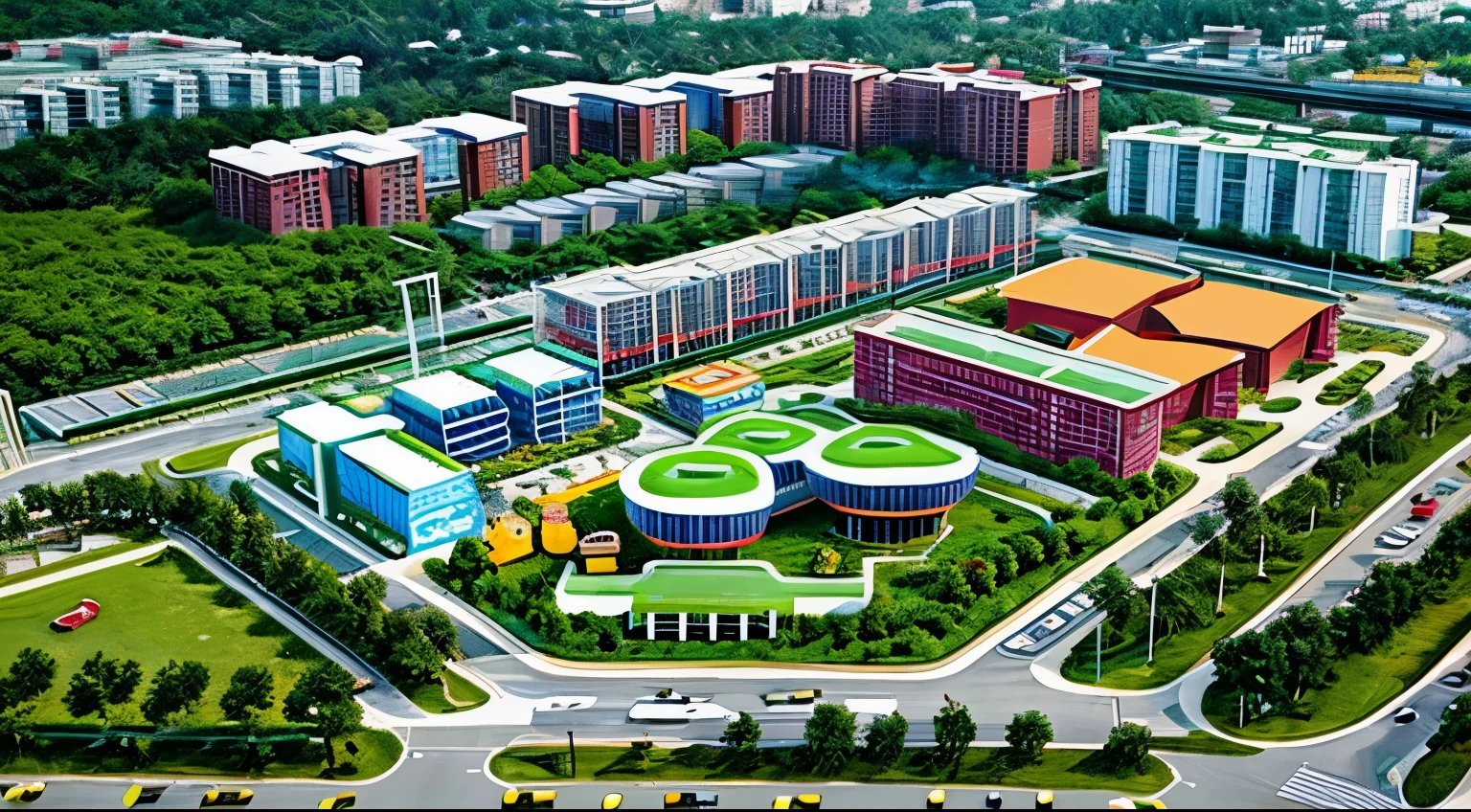 Concept of hamburgers and fries、A cutting-edge city created by McDonald's、beautiful、intelligent、Overgrown with greenery、There is a power plant、residential area lined up、towering hospital、Nursery school with children、bright shopping center、hamburger and fries objects、American style theme park